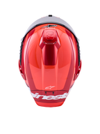 Alpinestars Supertech R10 Arius Helmet, wyścigowy kask integralny, czerwony z połyskiem z białymi akcentami, widok z góry ukazujący aerodynamiczne kontury skorupy, białe logo Alpinestars i zintegrowaną górną wentylację