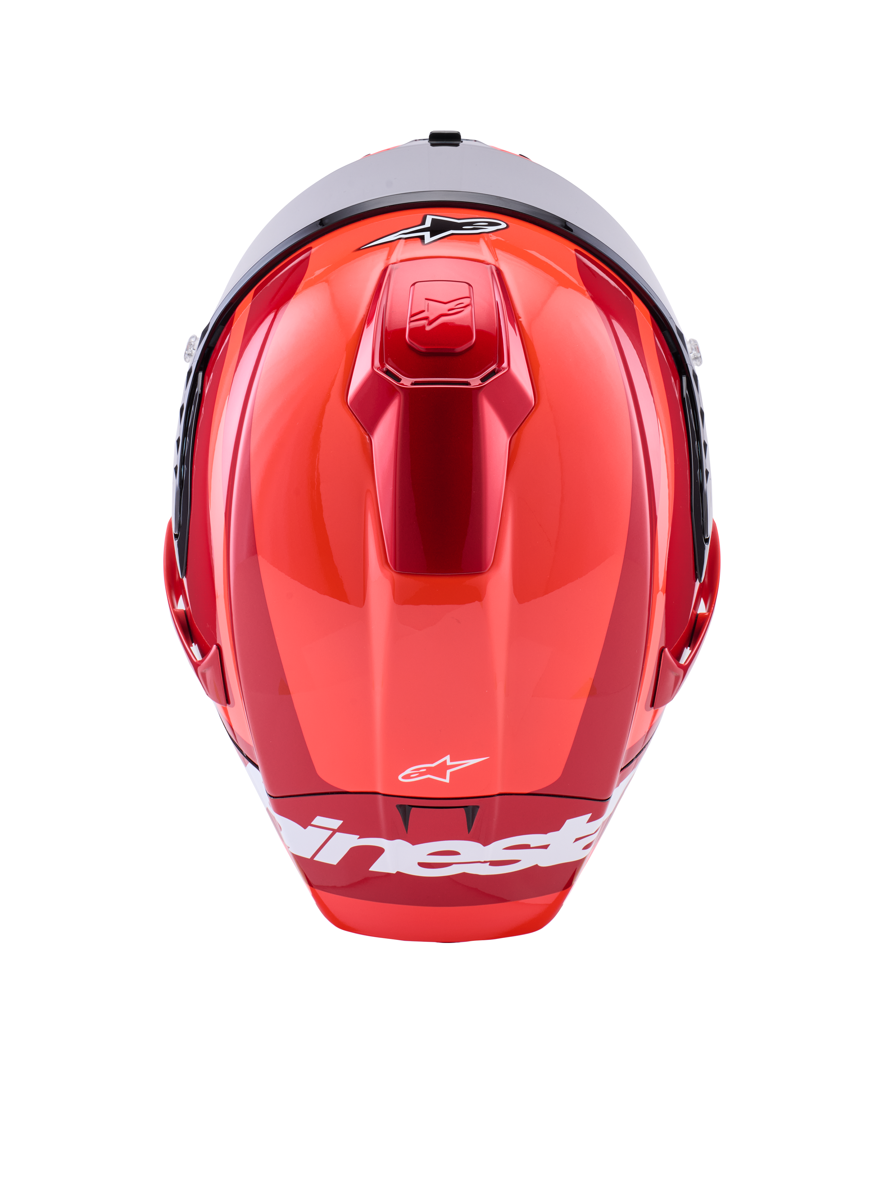 Alpinestars Supertech R10 Arius Helmet, wyścigowy kask integralny, czerwony z połyskiem z białymi akcentami, widok z góry ukazujący aerodynamiczne kontury skorupy, białe logo Alpinestars i zintegrowaną górną wentylację