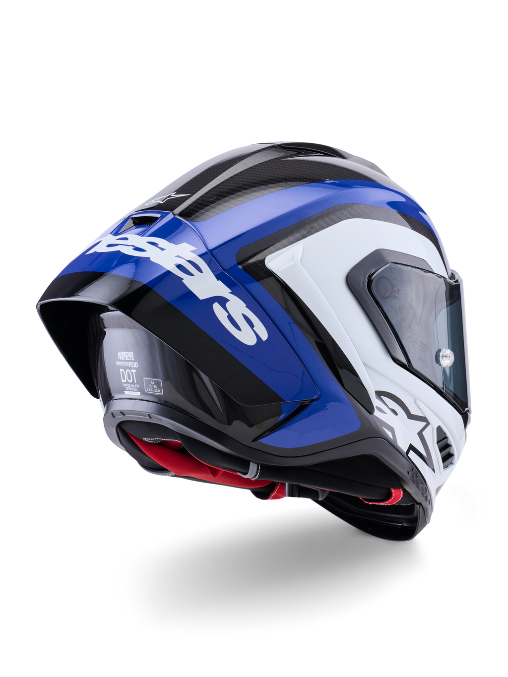 Kask Alpinestars Supertech R10 Arius, wyścigowy kask typu full-face, czarno-biało-niebieski z połyskiem, widok z tyłu pod kątem trzech czwartych ukazujący aerodynamiczny spojler, widoczną teksturę włókna węglowego i wyraźne białe logo Alpinestars
