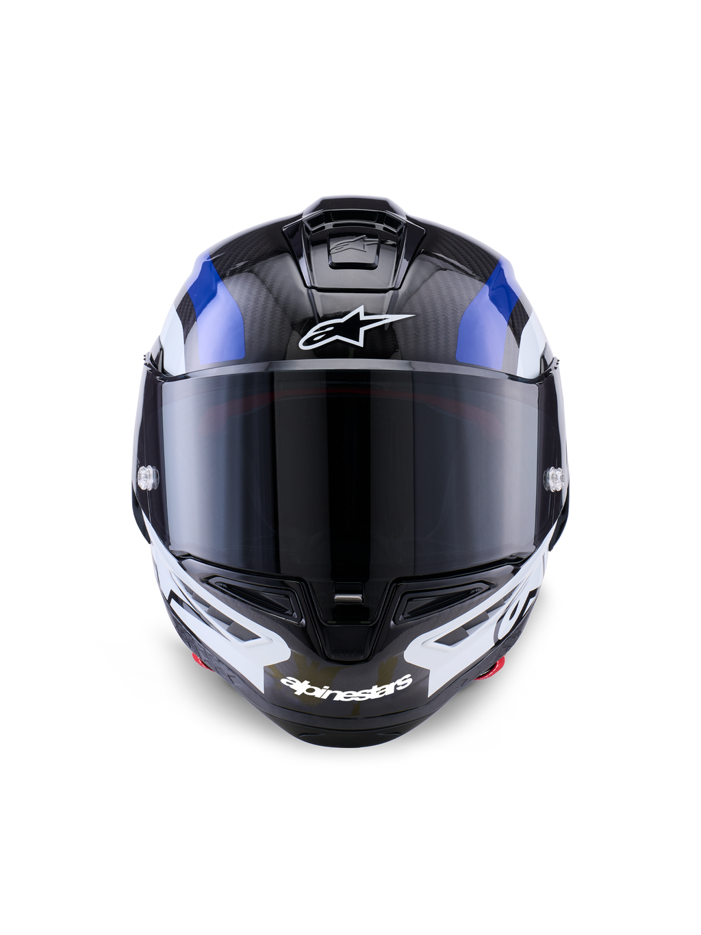 Kask Alpinestars Supertech R10 Arius, wyścigowy kask integralny, czarno-biało-niebieski błyszczący, widok z przodu z ciemnym dymionym wizjerem, widoczna tekstura włókna węglowego na górnej części skorupy, białe logo Alpinestars na czole i brodzie, smukła aerodynamiczna konstrukcja wyścigowa
