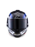Kask Alpinestars Supertech R10 Arius, wyścigowy kask integralny, czarno-biało-niebieski błyszczący, widok z przodu z ciemnym dymionym wizjerem, widoczna tekstura włókna węglowego na górnej części skorupy, białe logo Alpinestars na czole i brodzie, smukła aerodynamiczna konstrukcja wyścigowa