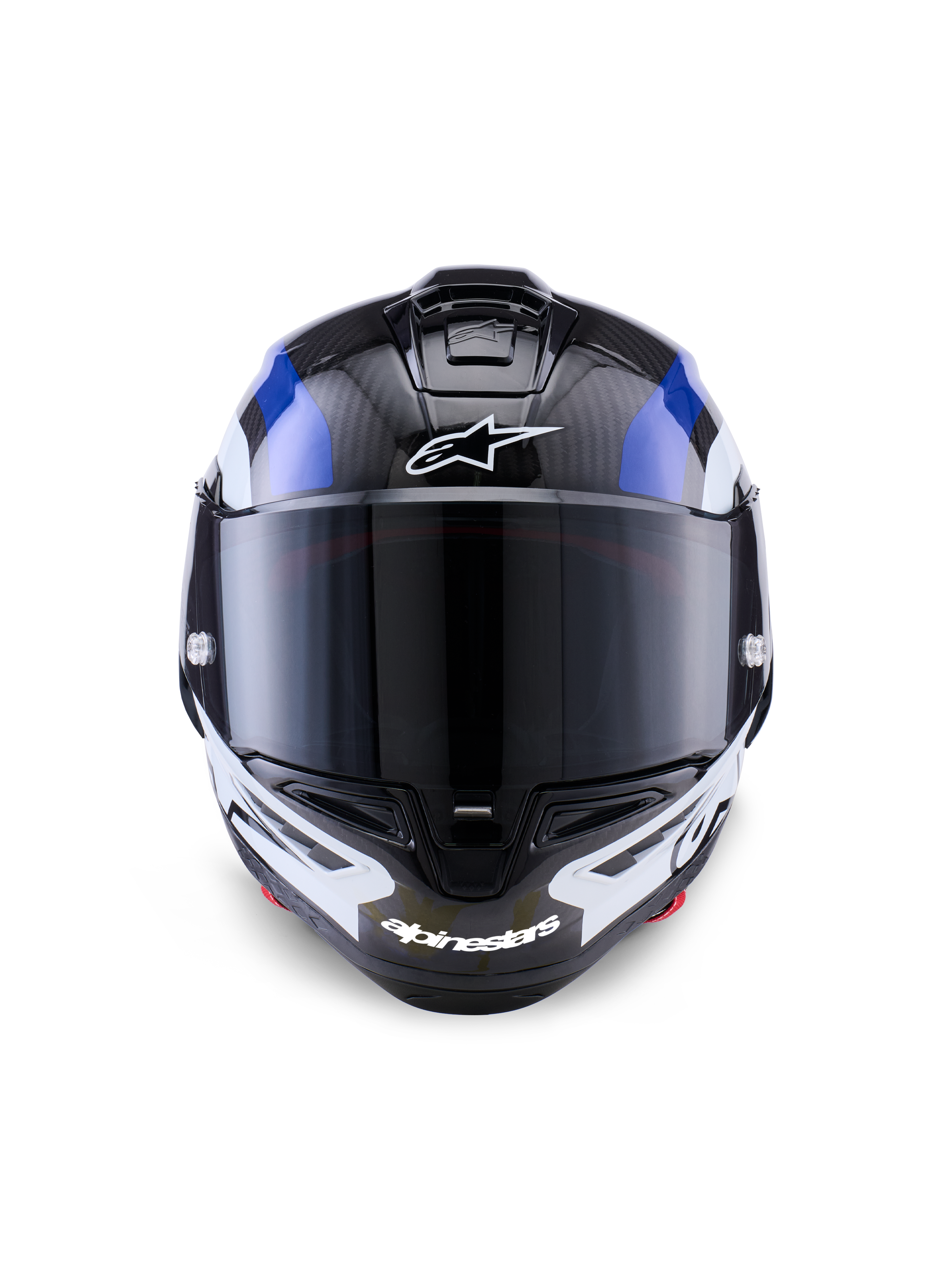 Kask Alpinestars Supertech R10 Arius, wyścigowy kask integralny, czarno-biało-niebieski błyszczący, widok z przodu z ciemnym dymionym wizjerem, widoczna tekstura włókna węglowego na górnej części skorupy, białe logo Alpinestars na czole i brodzie, smukła aerodynamiczna konstrukcja wyścigowa