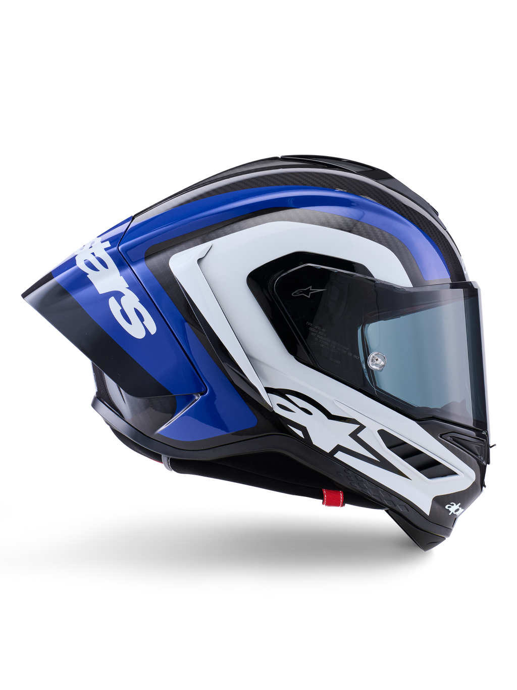 Kask Alpinestars Supertech R10 Arius, pełny kask wyścigowy, błyszczące wykończenie w kolorach czarnym, białym i niebieskim, aerodynamiczny widok z boku ukazujący skorupę z włókna węglowego i duży tylny spojler z logo Alpinestars, profesjonalny motocyklowy sprzęt ochronny