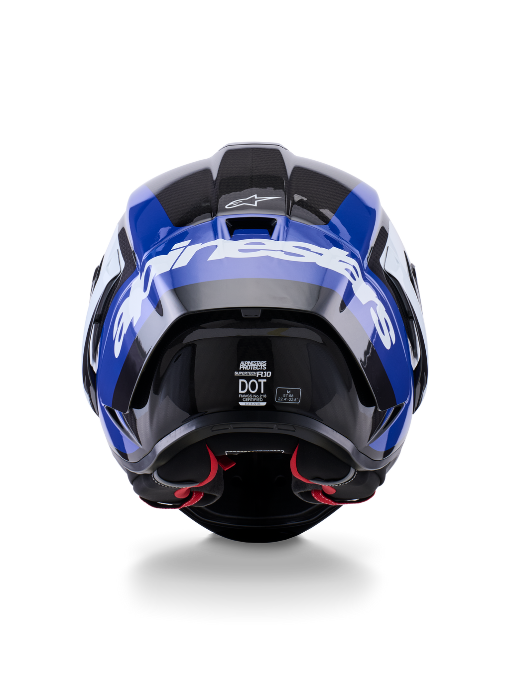 Kask Alpinestars Supertech R10 Arius, widok z tyłu, czarny, biały i niebieski w połysku, konstrukcja z włókna węglowego z wyraźnym białym logo, aerodynamiczny kształt, certyfikat DOT, czerwona wyściółka wewnętrzna