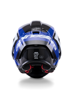 Kask Alpinestars Supertech R10 Arius, widok z tyłu, czarny, biały i niebieski w połysku, konstrukcja z włókna węglowego z wyraźnym białym logo, aerodynamiczny kształt, certyfikat DOT, czerwona wyściółka wewnętrzna