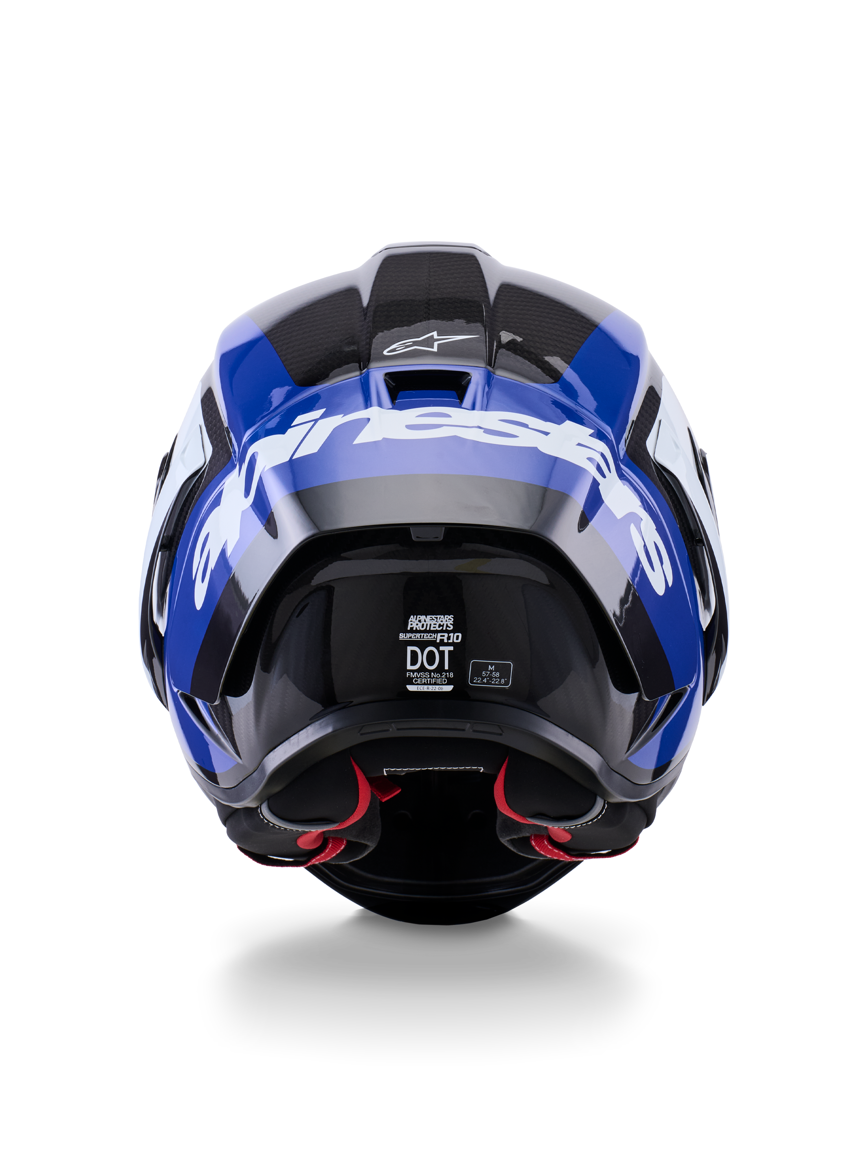 Kask Alpinestars Supertech R10 Arius, widok z tyłu, czarny, biały i niebieski w połysku, konstrukcja z włókna węglowego z wyraźnym białym logo, aerodynamiczny kształt, certyfikat DOT, czerwona wyściółka wewnętrzna