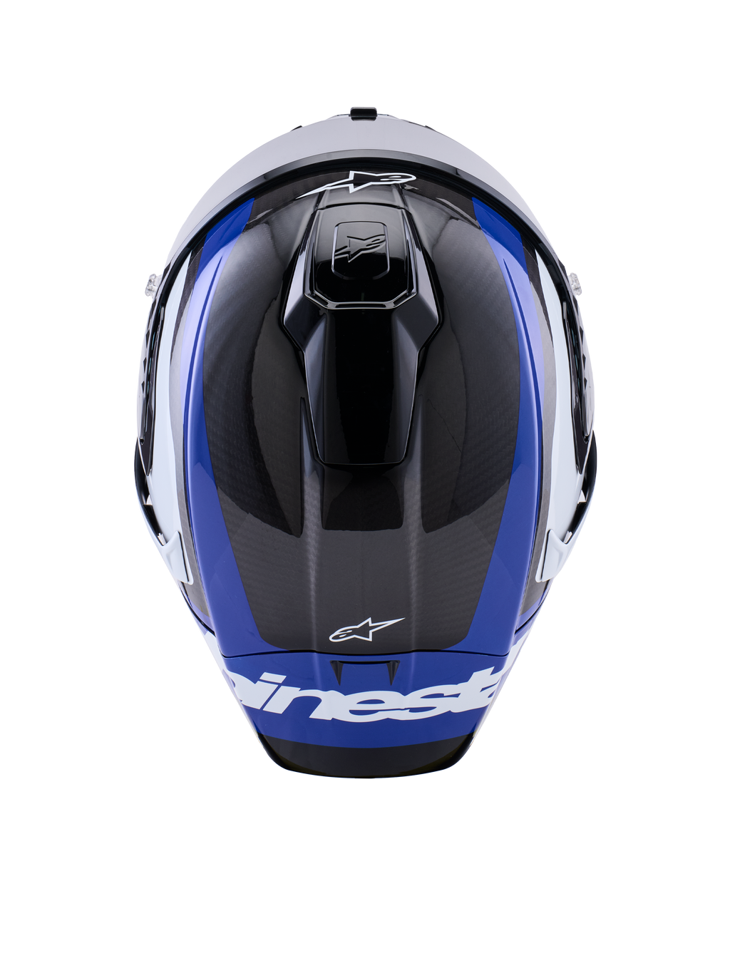 Kask Alpinestars Supertech R10 Arius, pełny kask motocyklowy wyścigowy, błyszczący czarno-biało-niebieski, widok z góry podkreślający splot włókna węglowego, otwory wentylacyjne oraz białe logo Alpinestars