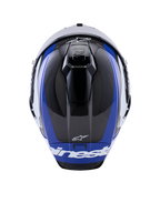 Kask Alpinestars Supertech R10 Arius, pełny kask motocyklowy wyścigowy, błyszczący czarno-biało-niebieski, widok z góry podkreślający splot włókna węglowego, otwory wentylacyjne oraz białe logo Alpinestars