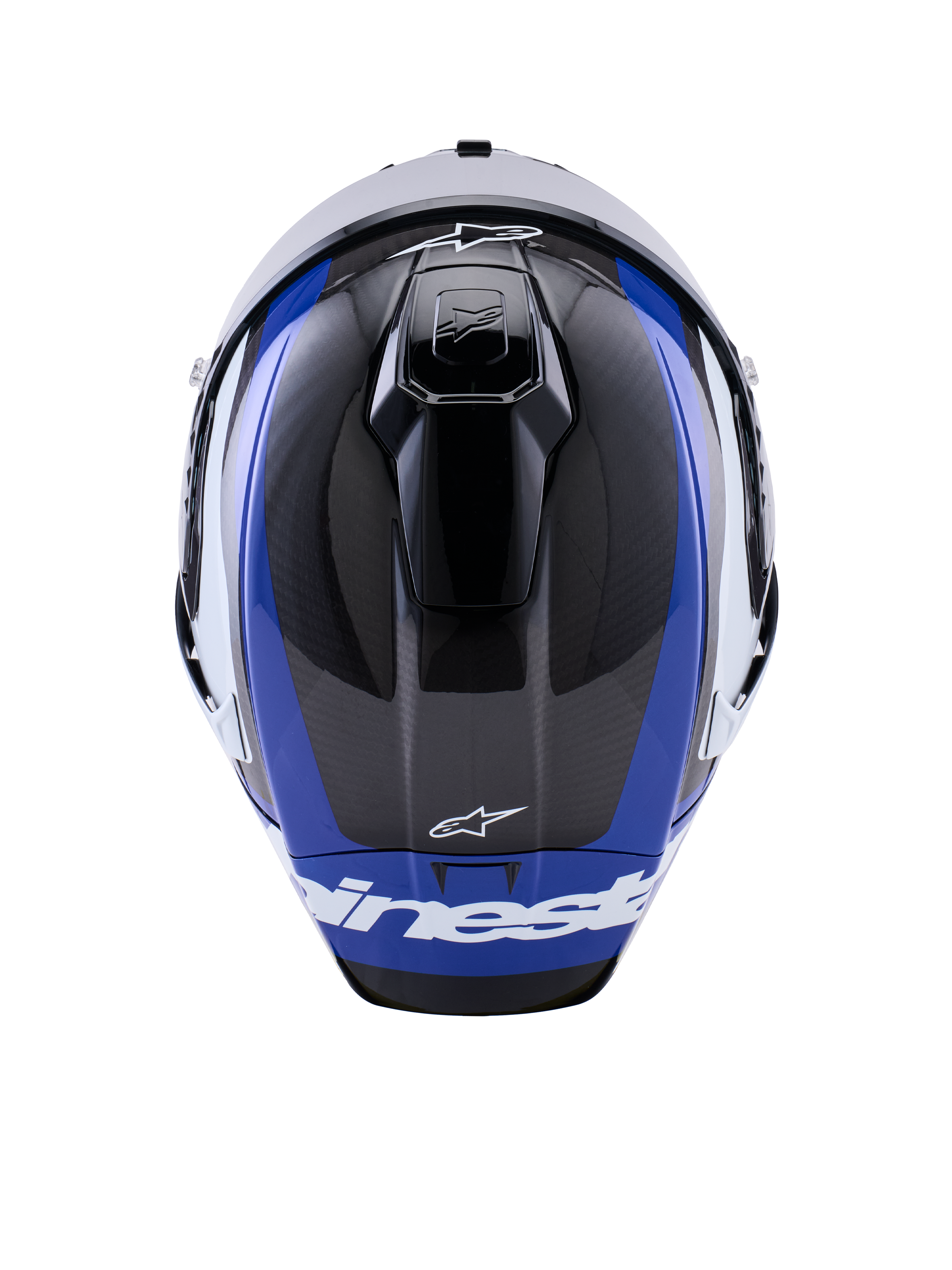 Kask Alpinestars Supertech R10 Arius, pełny kask motocyklowy wyścigowy, błyszczący czarno-biało-niebieski, widok z góry podkreślający splot włókna węglowego, otwory wentylacyjne oraz białe logo Alpinestars