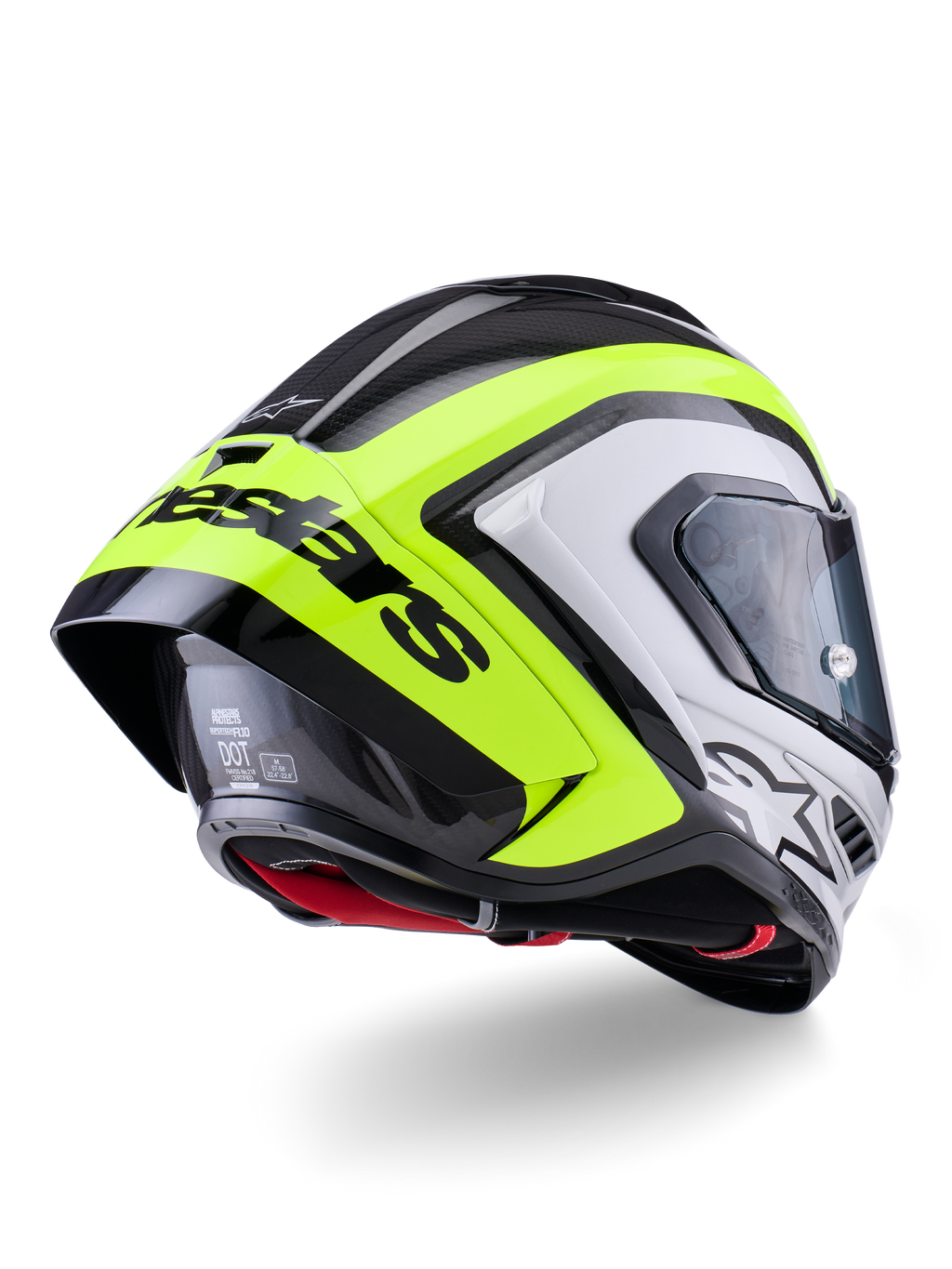 Kask Alpinestars Supertech R10 Arius, widok z tyłu, czarno-srebrny i żółty neonowy z połyskiem, konstrukcja skorupy z włókna węglowego, duży aerodynamiczny spojler z czarnym napisem Alpinestars, ochrona klasy wyścigowej, smukły design