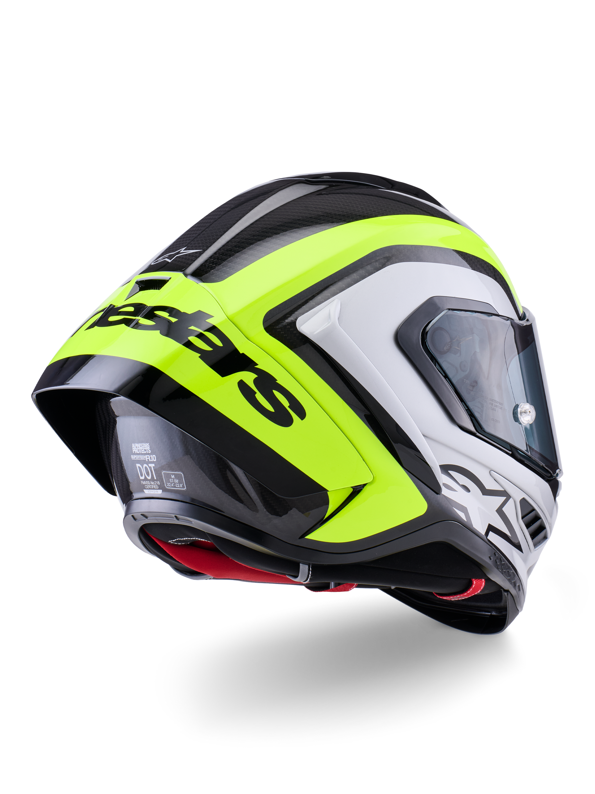 Kask Alpinestars Supertech R10 Arius, widok z tyłu, czarno-srebrny i żółty neonowy z połyskiem, konstrukcja skorupy z włókna węglowego, duży aerodynamiczny spojler z czarnym napisem Alpinestars, ochrona klasy wyścigowej, smukły design