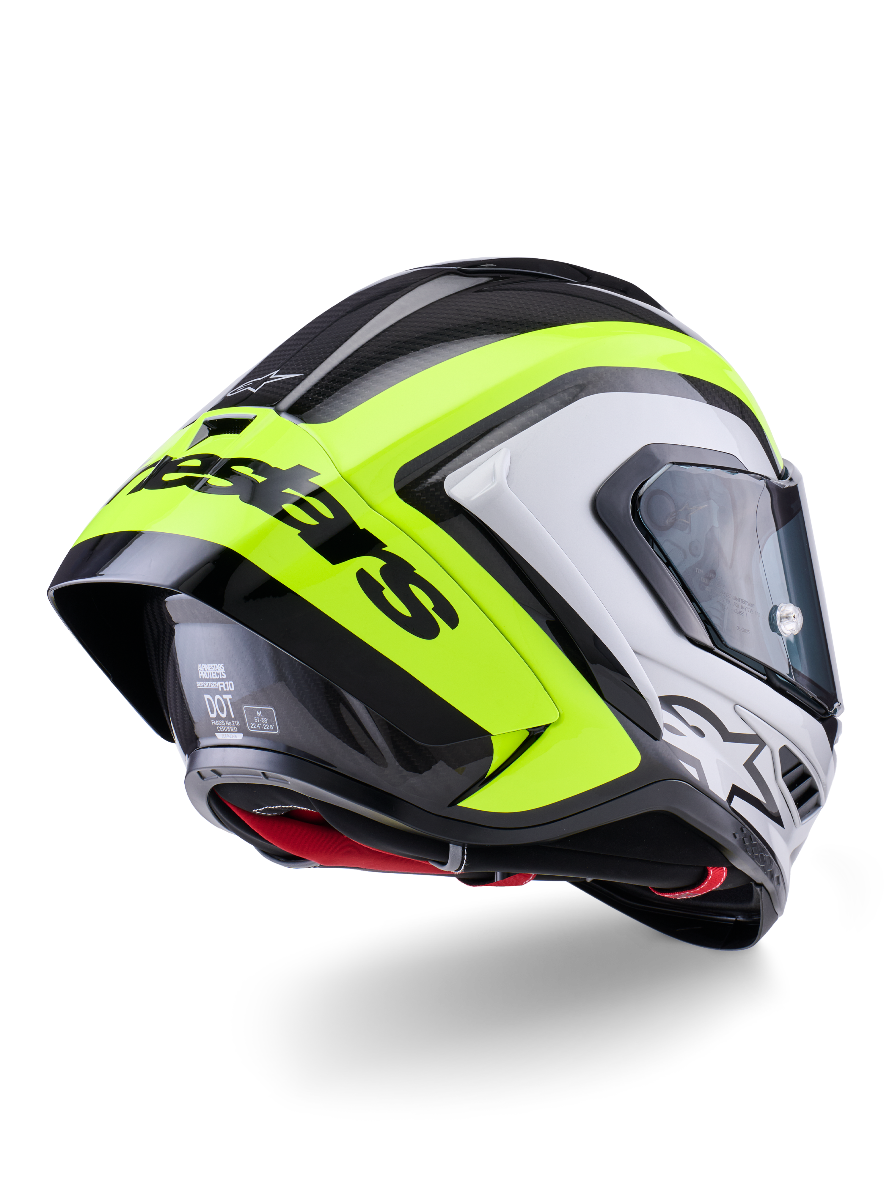 Kask Alpinestars Supertech R10 Arius, widok z tyłu, czarno-srebrny i żółty neonowy z połyskiem, konstrukcja skorupy z włókna węglowego, duży aerodynamiczny spojler z czarnym napisem Alpinestars, ochrona klasy wyścigowej, smukły design