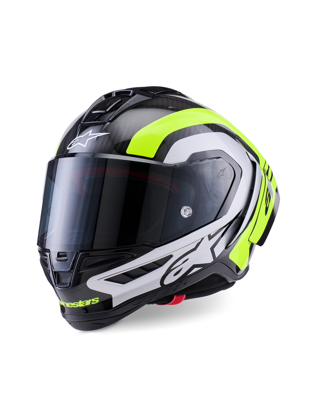 Alpinestars Supertech R10 Arius Helmet, profesjonalny wyścigowy kask motocyklowy, błyszczący czarny karbon ze srebrnymi i neonowymi żółtymi akcentami, z przyciemnianym wizjerem, aerodynamicznymi skrzydełkami i wyraźnym brandingiem Alpinestars