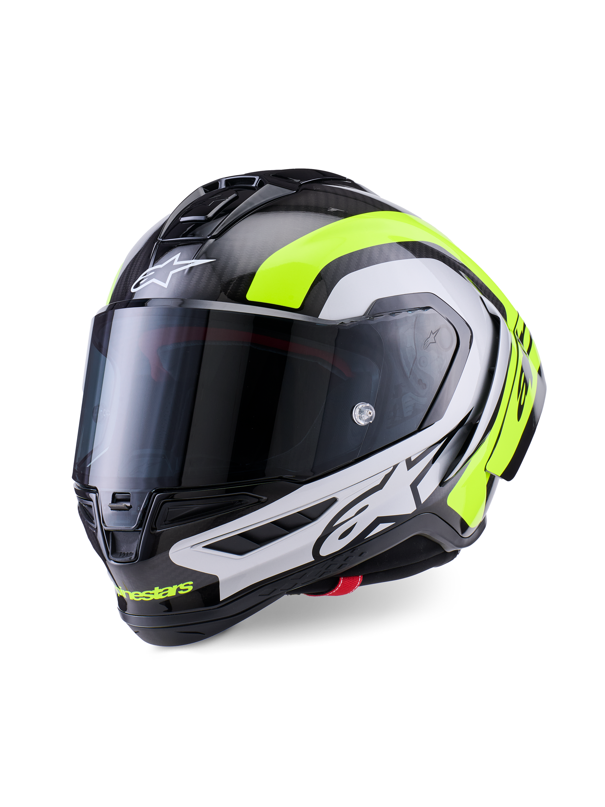 Alpinestars Supertech R10 Arius Helmet, profesjonalny wyścigowy kask motocyklowy, błyszczący czarny karbon ze srebrnymi i neonowymi żółtymi akcentami, z przyciemnianym wizjerem, aerodynamicznymi skrzydełkami i wyraźnym brandingiem Alpinestars