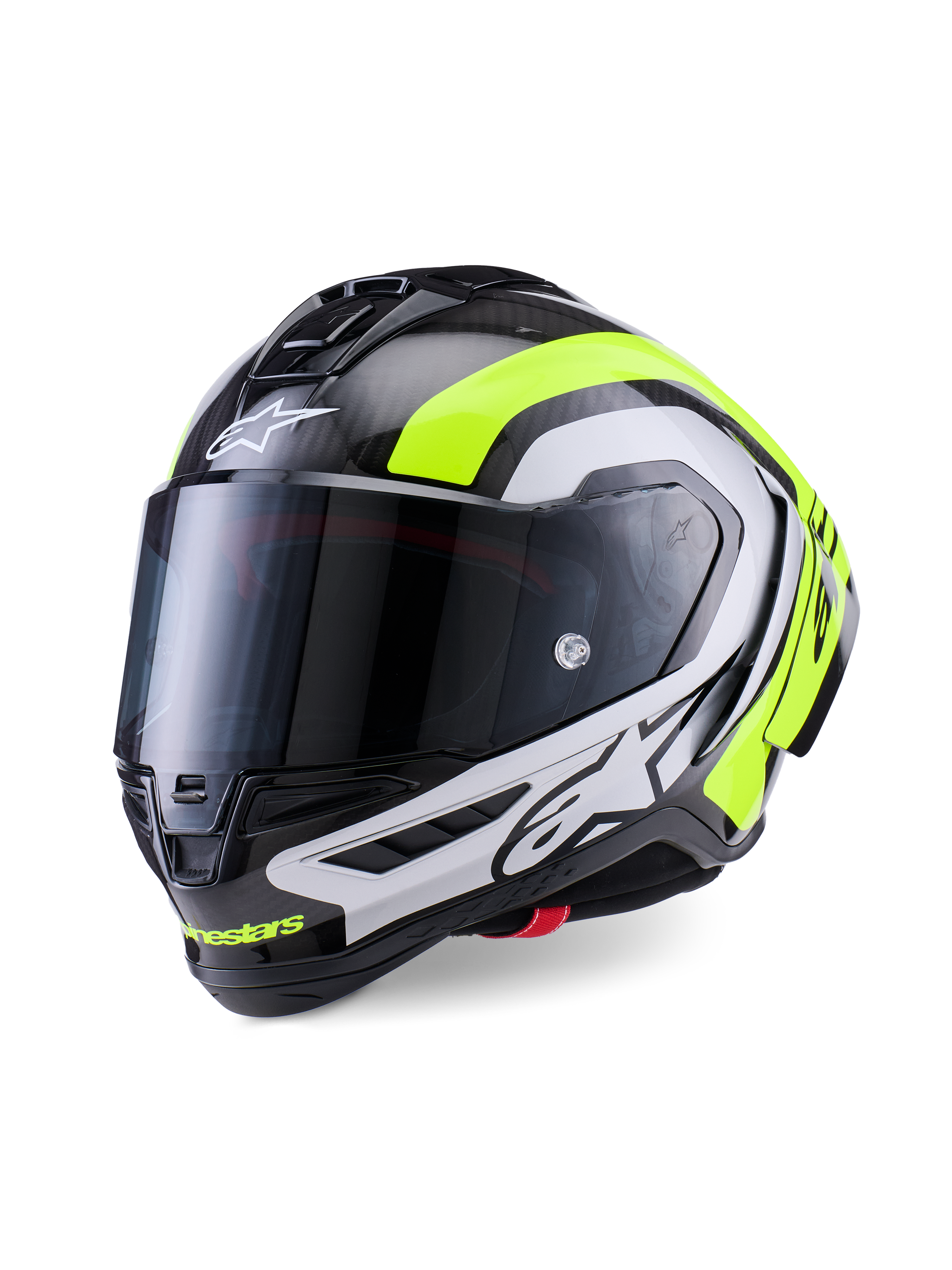 Alpinestars Supertech R10 Arius Helmet, profesjonalny wyścigowy kask motocyklowy, błyszczący czarny karbon ze srebrnymi i neonowymi żółtymi akcentami, z przyciemnianym wizjerem, aerodynamicznymi skrzydełkami i wyraźnym brandingiem Alpinestars