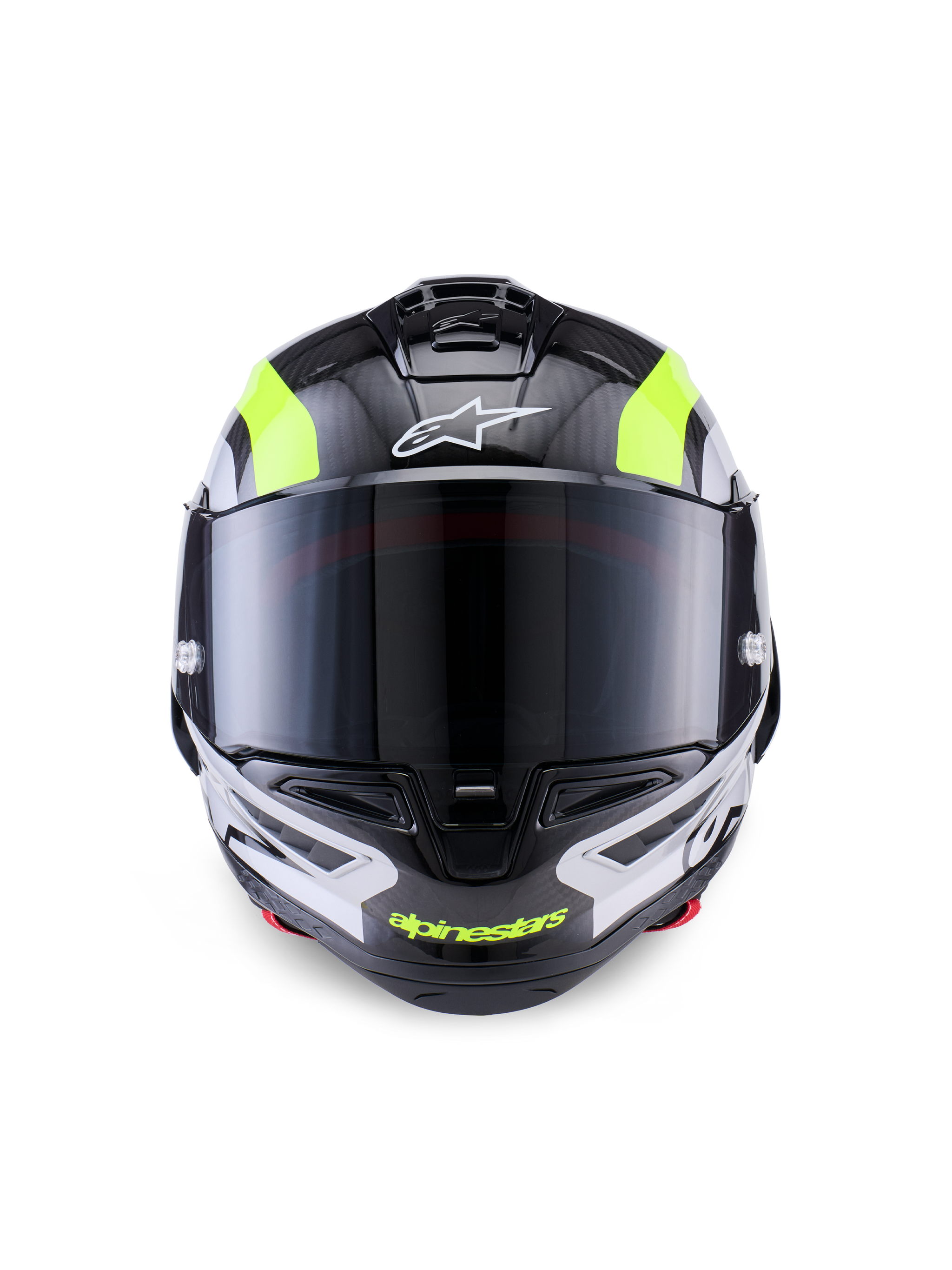 Alpinestars Supertech R10 Arius Helmet, wyścigowy kask motocyklowy, czarny, srebrny i żółty fluo z połyskiem, widok z przodu przedstawiający skorupę z włókna węglowego, ciemny dymiony wizjer i zintegrowany system wentylacji.