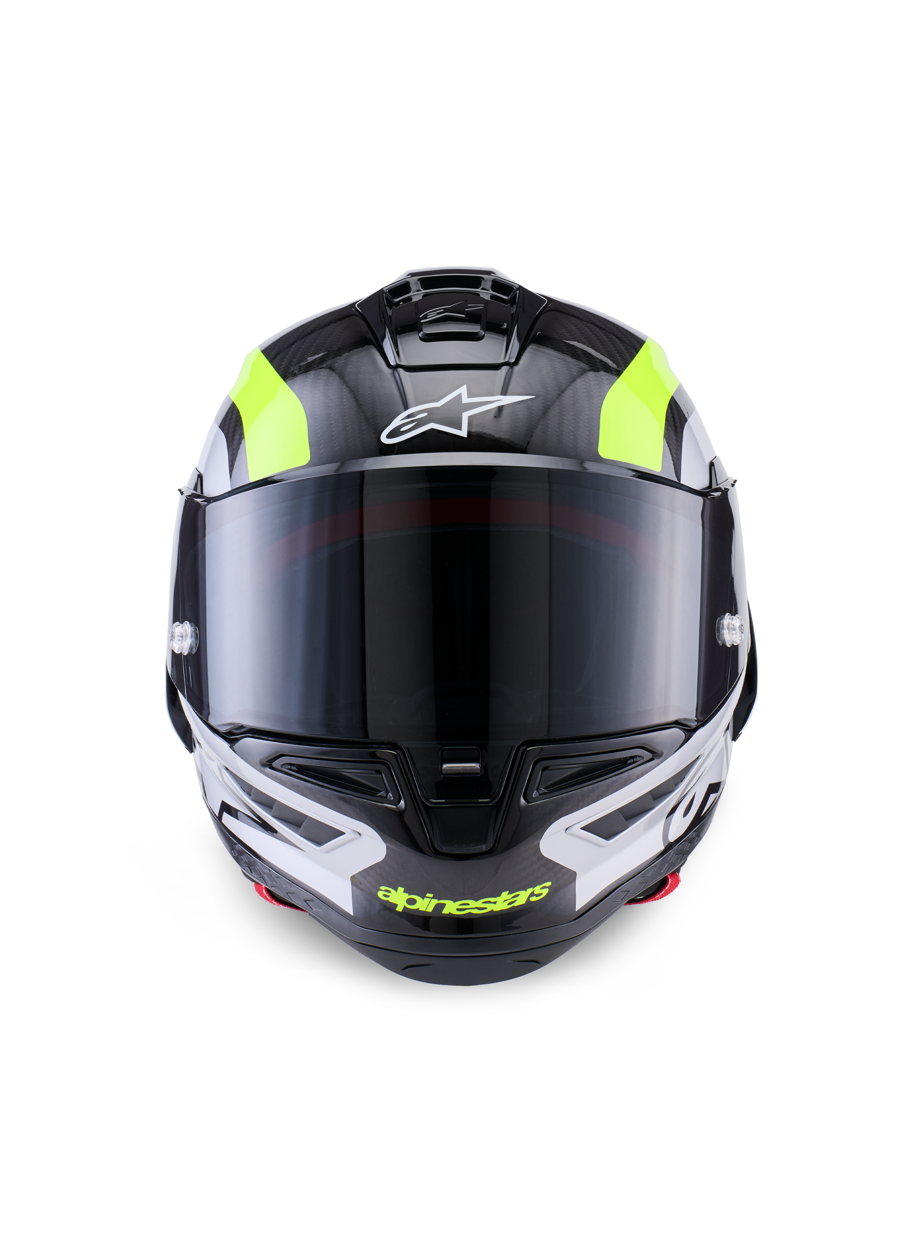 Alpinestars Supertech R10 Arius Helmet, wyścigowy kask motocyklowy, czarny, srebrny i żółty fluo z połyskiem, widok z przodu przedstawiający skorupę z włókna węglowego, ciemny dymiony wizjer i zintegrowany system wentylacji.