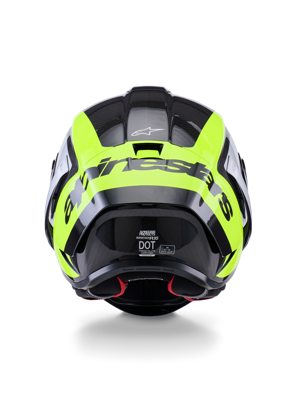 Kask Alpinestars Supertech R10 Arius, widok z tyłu, czarno-srebrny i żółty neonowy połysk, wysokowydajny kask wyścigowy ze skorupą z kompozytu węglowego, aerodynamiczny design i wyraziste logo marki z tyłu.