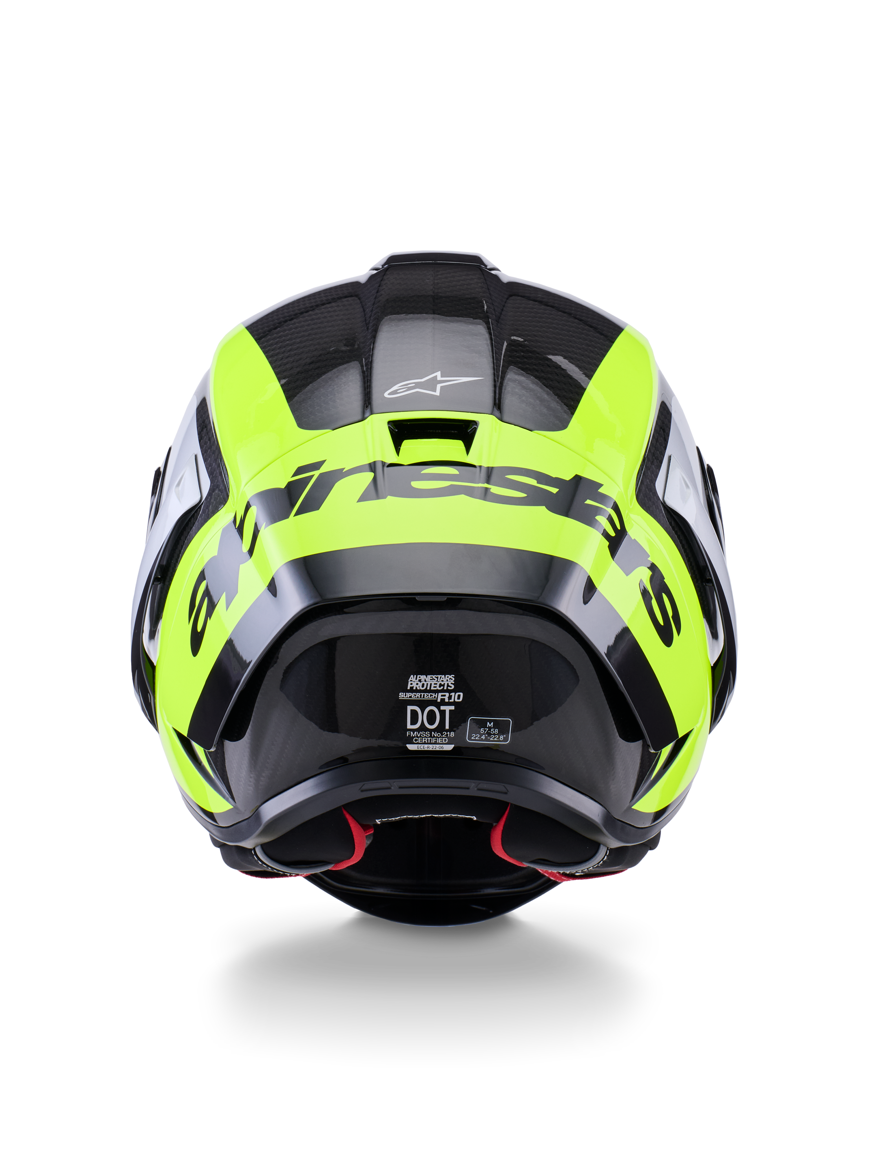 Kask Alpinestars Supertech R10 Arius, widok z tyłu, czarno-srebrny i żółty neonowy połysk, wysokowydajny kask wyścigowy ze skorupą z kompozytu węglowego, aerodynamiczny design i wyraziste logo marki z tyłu.