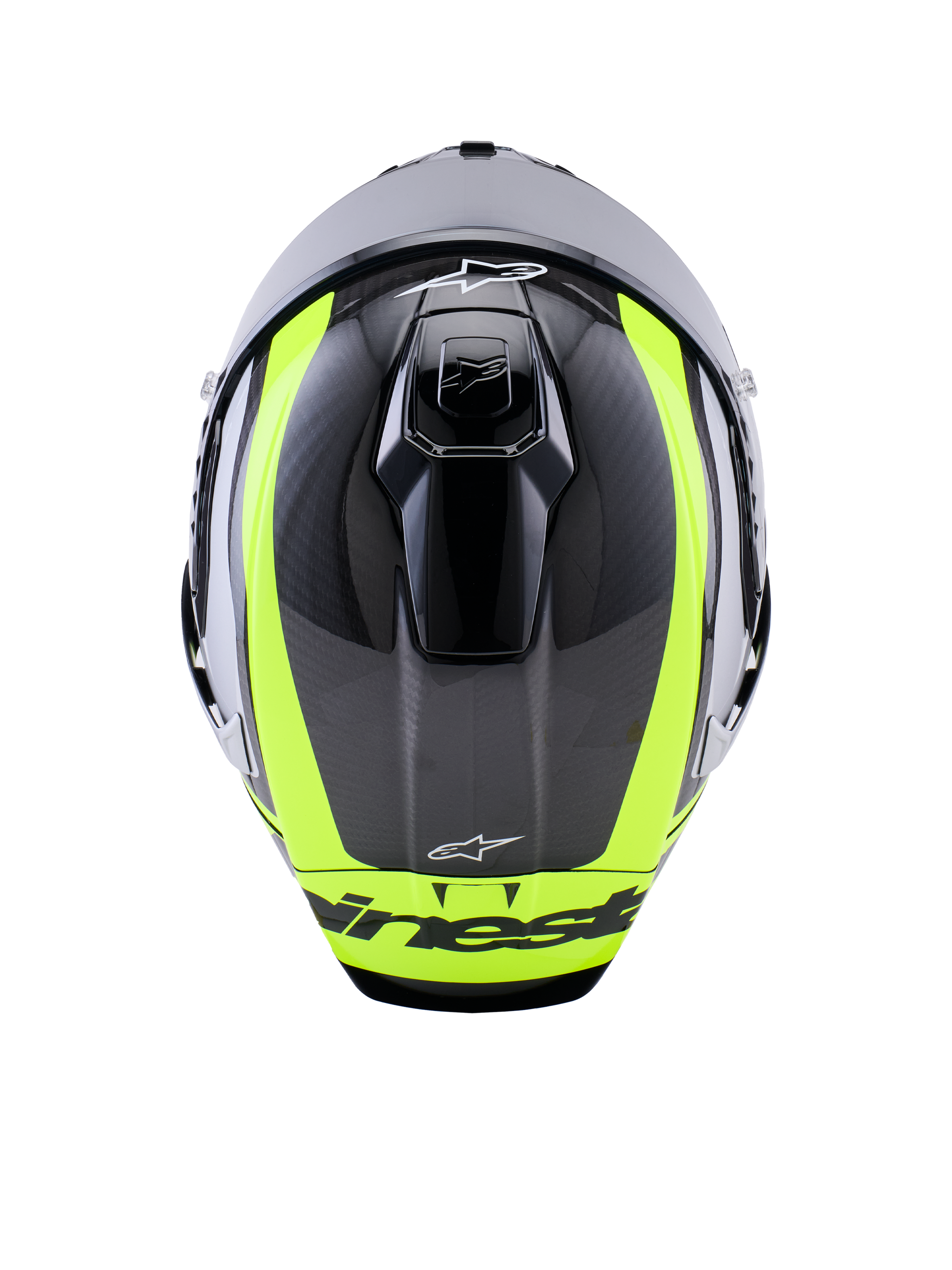 Kask Alpinestars Supertech R10 Arius, widok z góry, czarno-srebrny i żółty fluorescencyjny w połysku, skorupa z włókna węglowego z jaskrawymi żółtymi pasami, aerodynamiczne górne otwory wentylacyjne, branding Alpinestars, wysokiej klasy kask wyścigowy