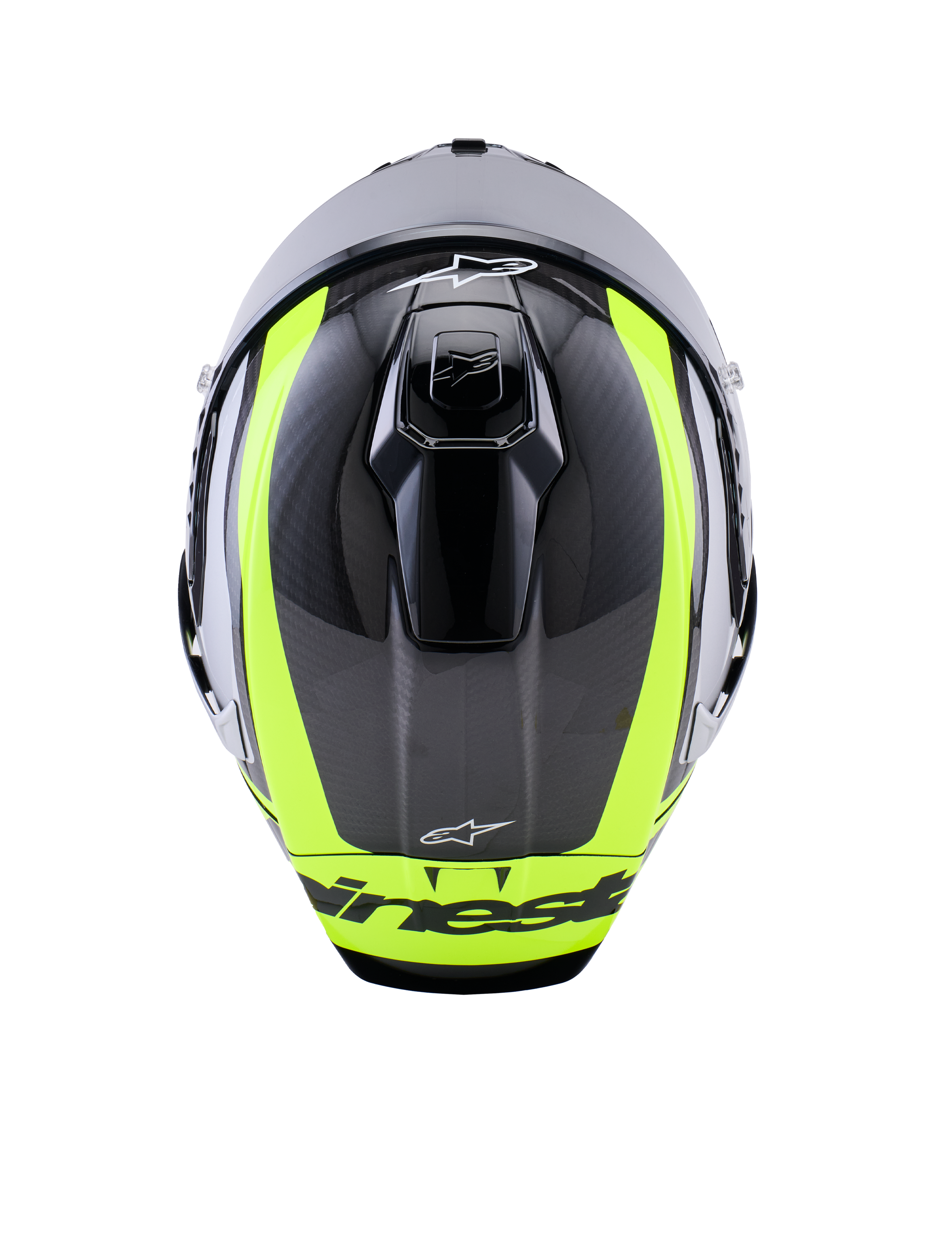 Kask Alpinestars Supertech R10 Arius, widok z góry, czarno-srebrny i żółty fluorescencyjny w połysku, skorupa z włókna węglowego z jaskrawymi żółtymi pasami, aerodynamiczne górne otwory wentylacyjne, branding Alpinestars, wysokiej klasy kask wyścigowy