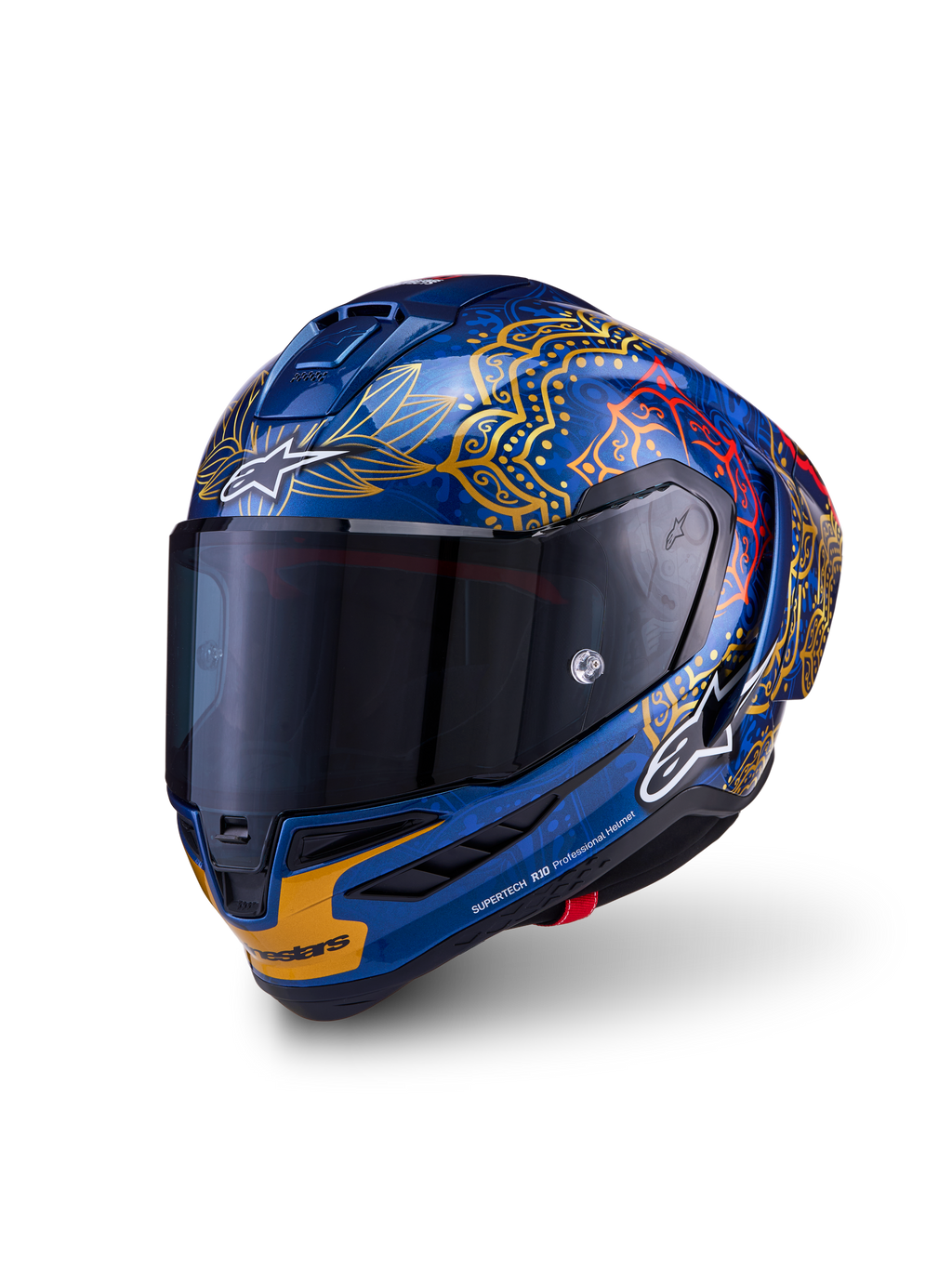 Kask wyścigowy Alpinestars Supertech R10 Martinator Thai, niebieskie włókno węglowe, złote grafiki i ciemny dymiony wizjer.
