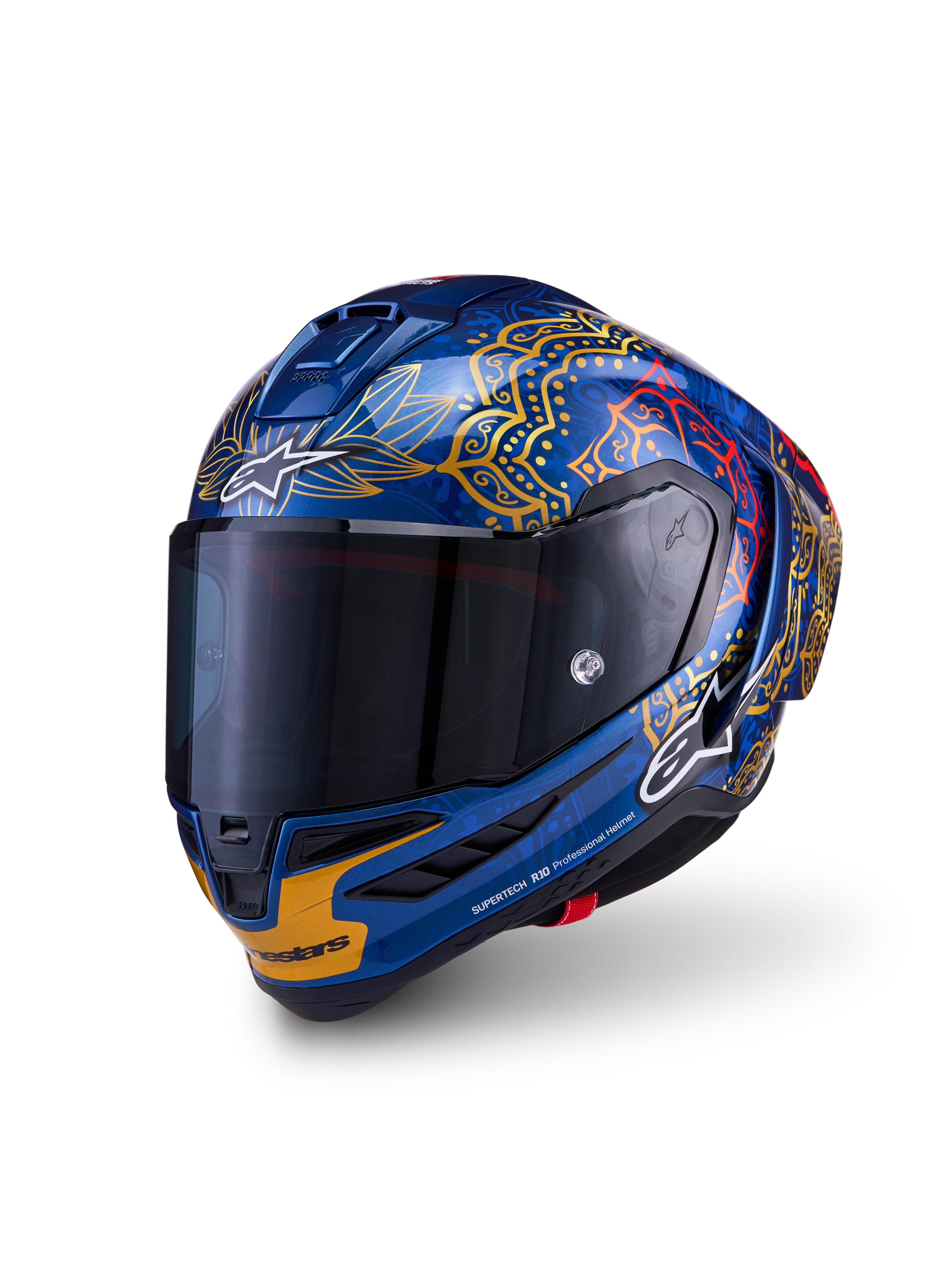 Kask wyścigowy Alpinestars Supertech R10 Martinator Thai, niebieskie włókno węglowe, złote grafiki i ciemny dymiony wizjer.