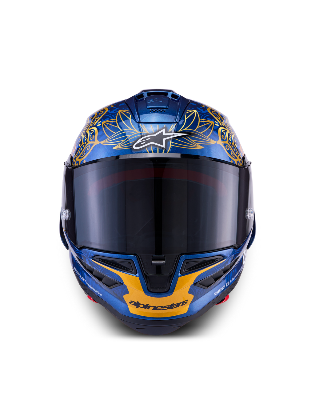 Kask Alpinestars Supertech R10 Martinator Thai LE, metaliczny błękit i złoto, włókno węglowe, przyciemniany wizjer.