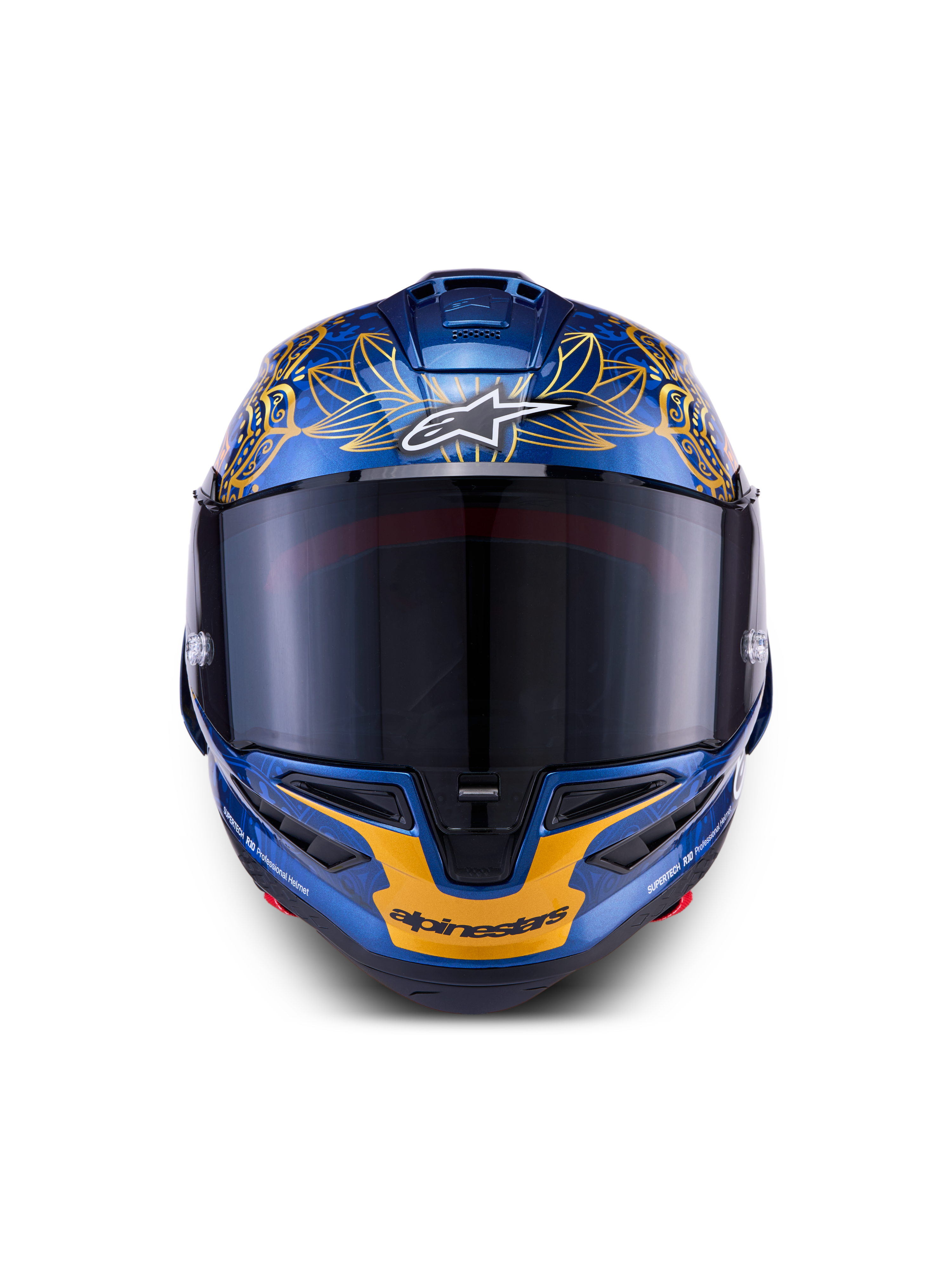 Kask Alpinestars Supertech R10 Martinator Thai LE, metaliczny błękit i złoto, włókno węglowe, przyciemniany wizjer.