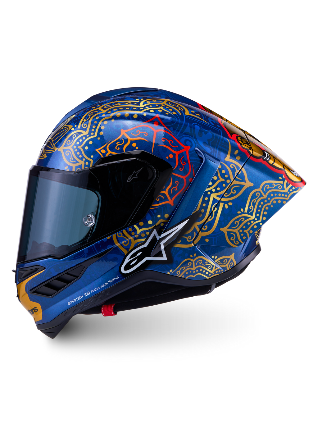 Kask Supertech R10 Martinator Thai, niebieska skorupa z włókna węglowego, złote i czerwone wzory mandali, styl wyścigowy.