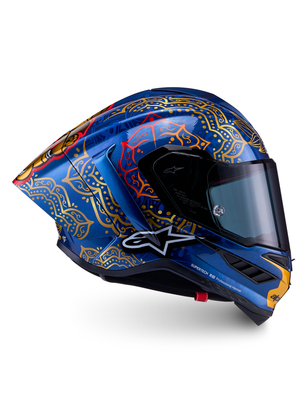Alpinestars Kask Supertech R10 Martinator Thai, niebiesko-złota skorupa z włókna węglowego, wyścigi MotoGP, certyfikat FIM