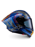 Alpinestars Kask Supertech R10 Martinator Thai, niebiesko-złota skorupa z włókna węglowego, wyścigi MotoGP, certyfikat FIM