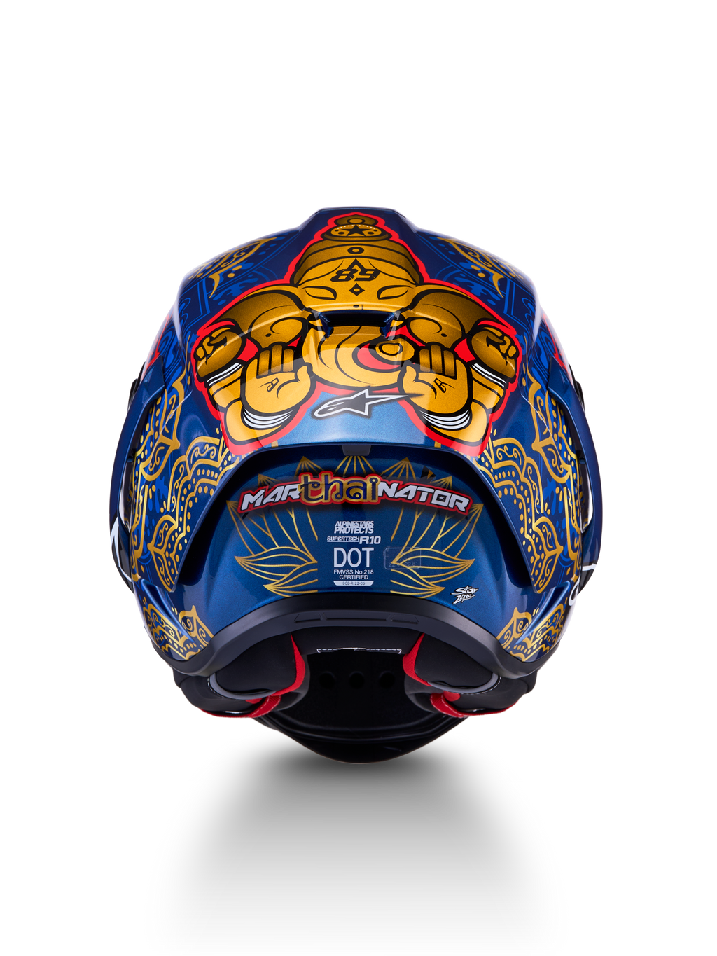 Kask Supertech R10 Martinator Thai, widok z tyłu na błyszczącą niebieską skorupę z włókna węglowego ze złotymi zdobieniami.