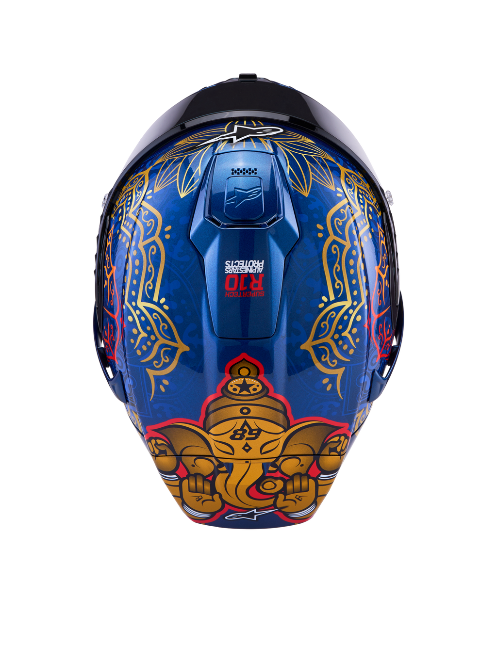 Alpinestars Supertech R10 Martinator Thai, niebieski kask z włókna węglowego ze złotą grafiką słonia i wzorami.