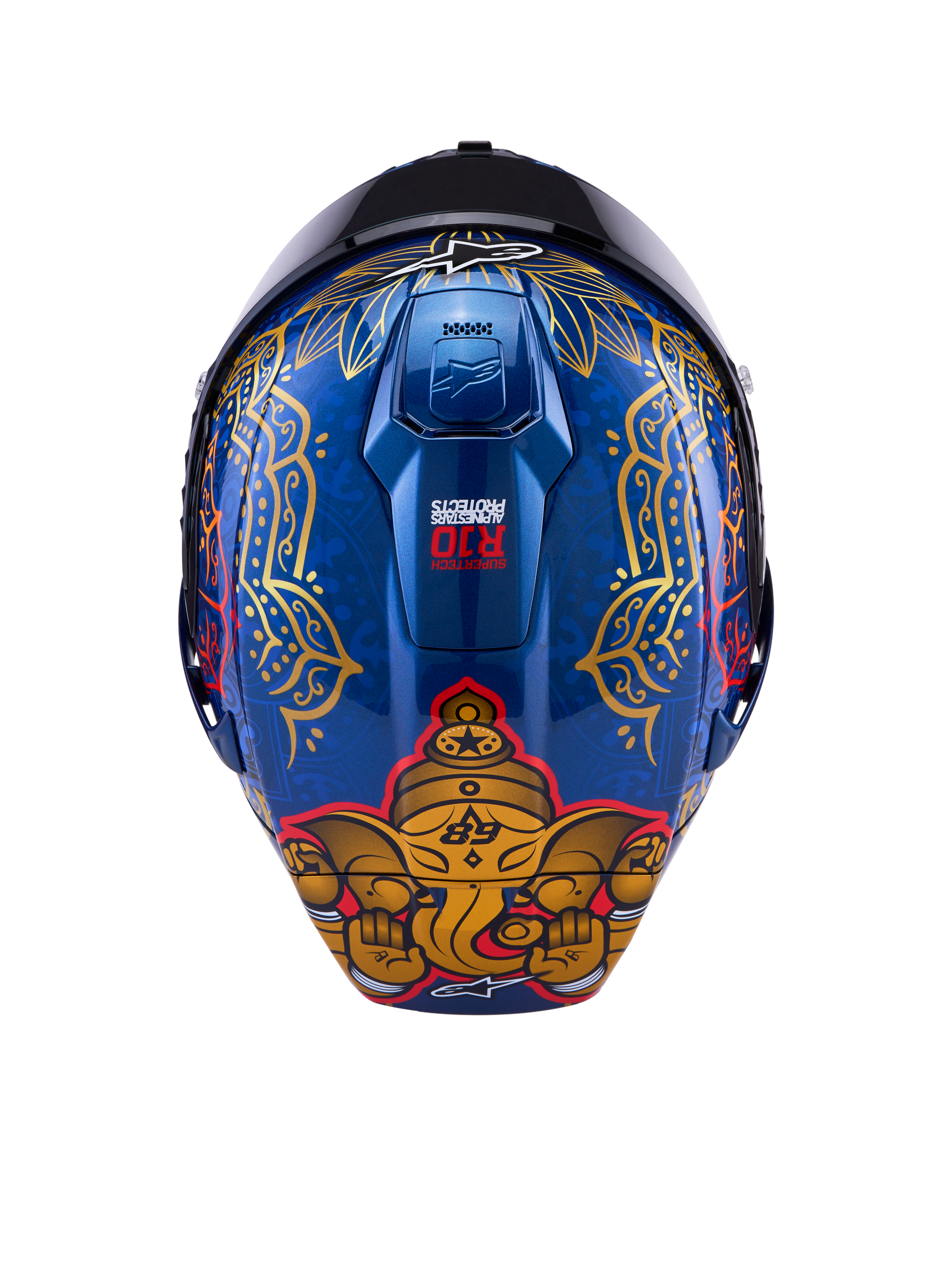 Alpinestars Supertech R10 Martinator Thai, niebieski kask z włókna węglowego ze złotą grafiką słonia i wzorami.
