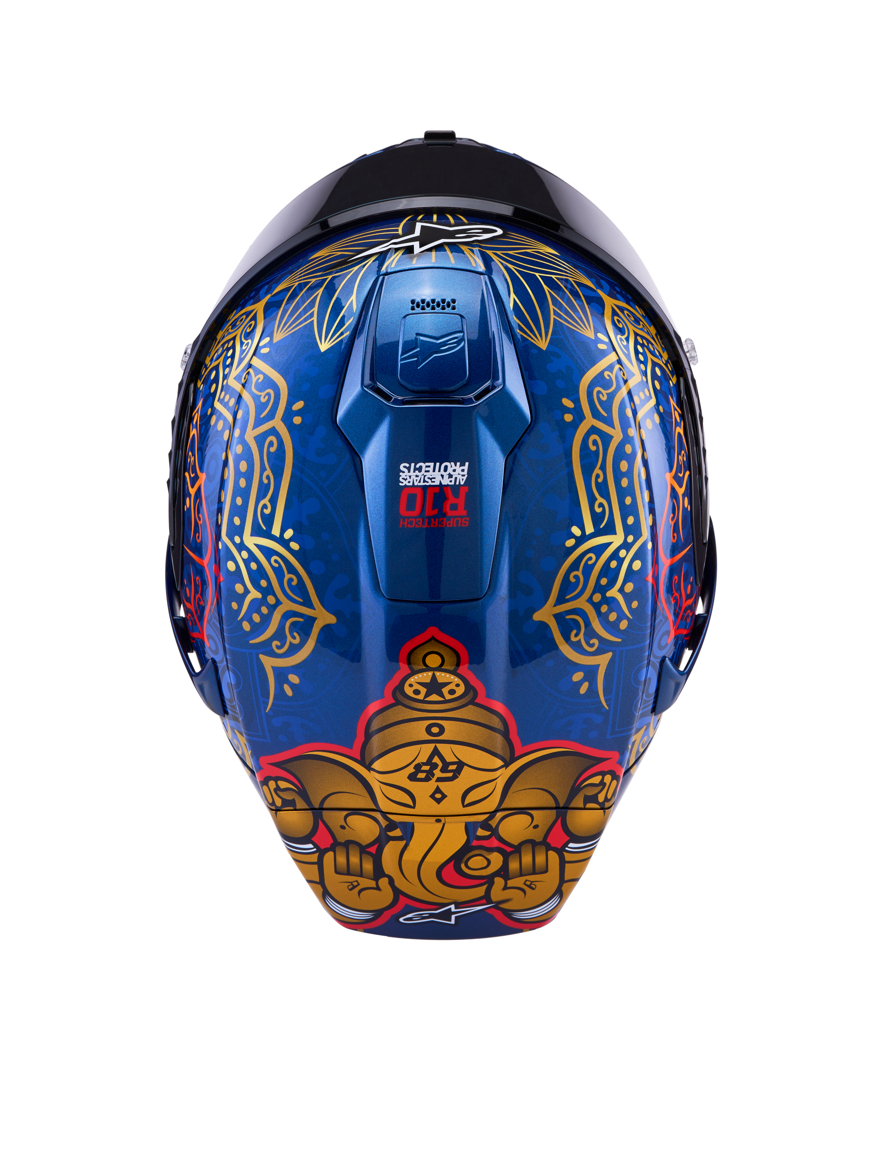Alpinestars Supertech R10 Martinator Thai, niebieski kask z włókna węglowego ze złotą grafiką słonia i wzorami.
