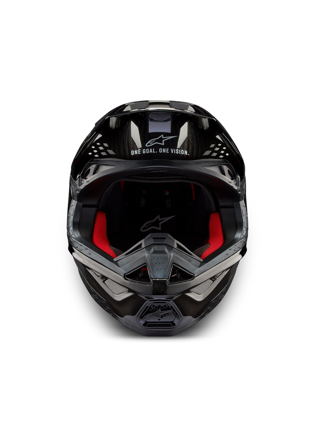 Alpinestars Supertech M10 Solid ECE 22.06, czarny błyszczący kask motocrossowy z karbonu, widok z przodu, czerwone wyściółki i otwory wentylacyjne