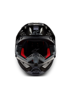 Alpinestars Supertech M10 Solid ECE 22.06, czarny błyszczący kask motocrossowy z karbonu, widok z przodu, czerwone wyściółki i otwory wentylacyjne