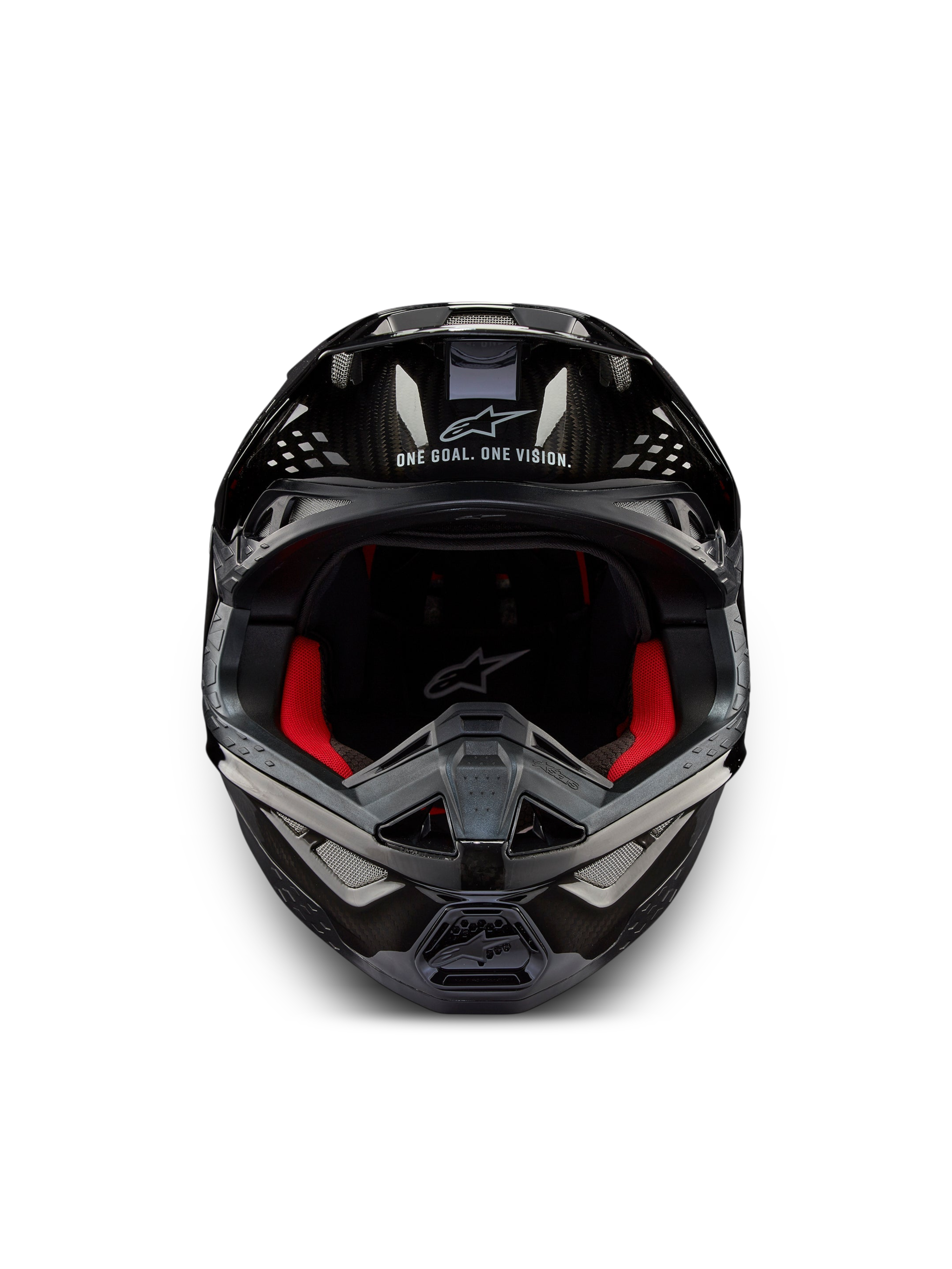 Alpinestars Supertech M10 Solid ECE 22.06, czarny błyszczący kask motocrossowy z karbonu, widok z przodu, czerwone wyściółki i otwory wentylacyjne