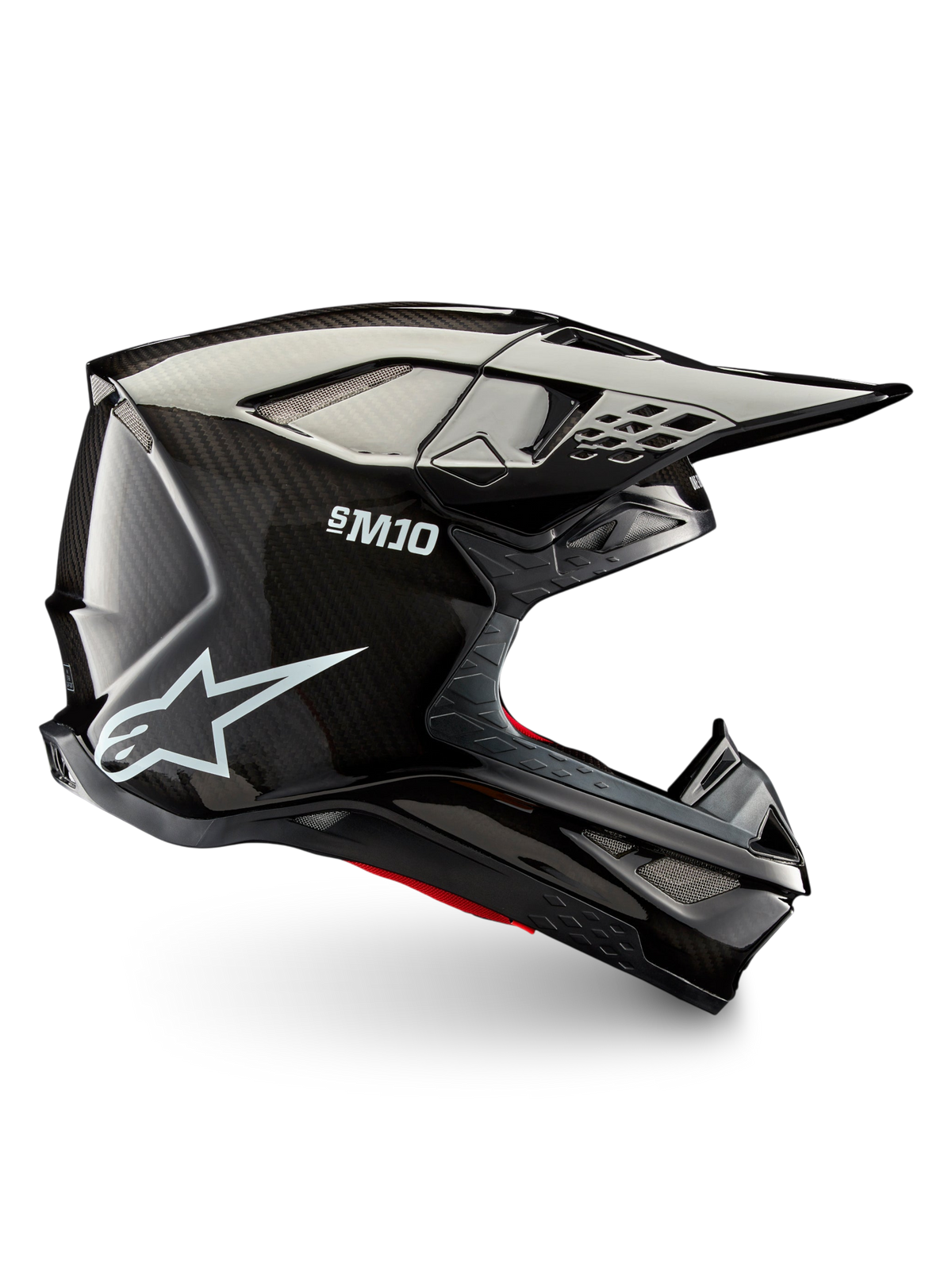 Alpinestars Supertech M10 Solid motocross helmet, side profile in black glossy carbon with carbon shell, peak visor and ventilation ports for off-road riding