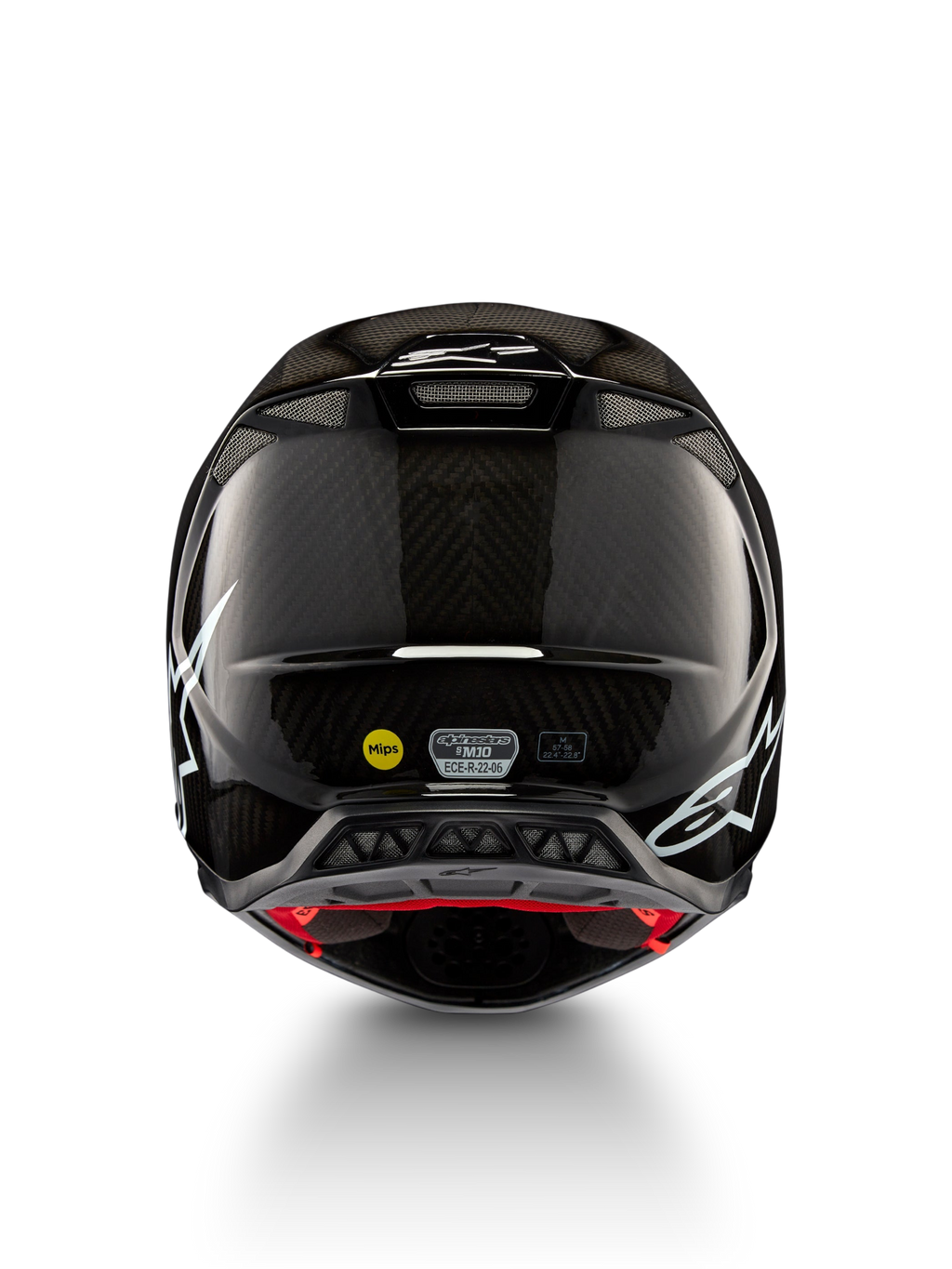 Alpinestars Supertech M10 Solid ECE 22.06, czarny błyszczący karbonowy kask motocrossowy, widok z tyłu, białe grafiki, otwory wentylacyjne, system MIPS, certyfikat ECE-R 22.06