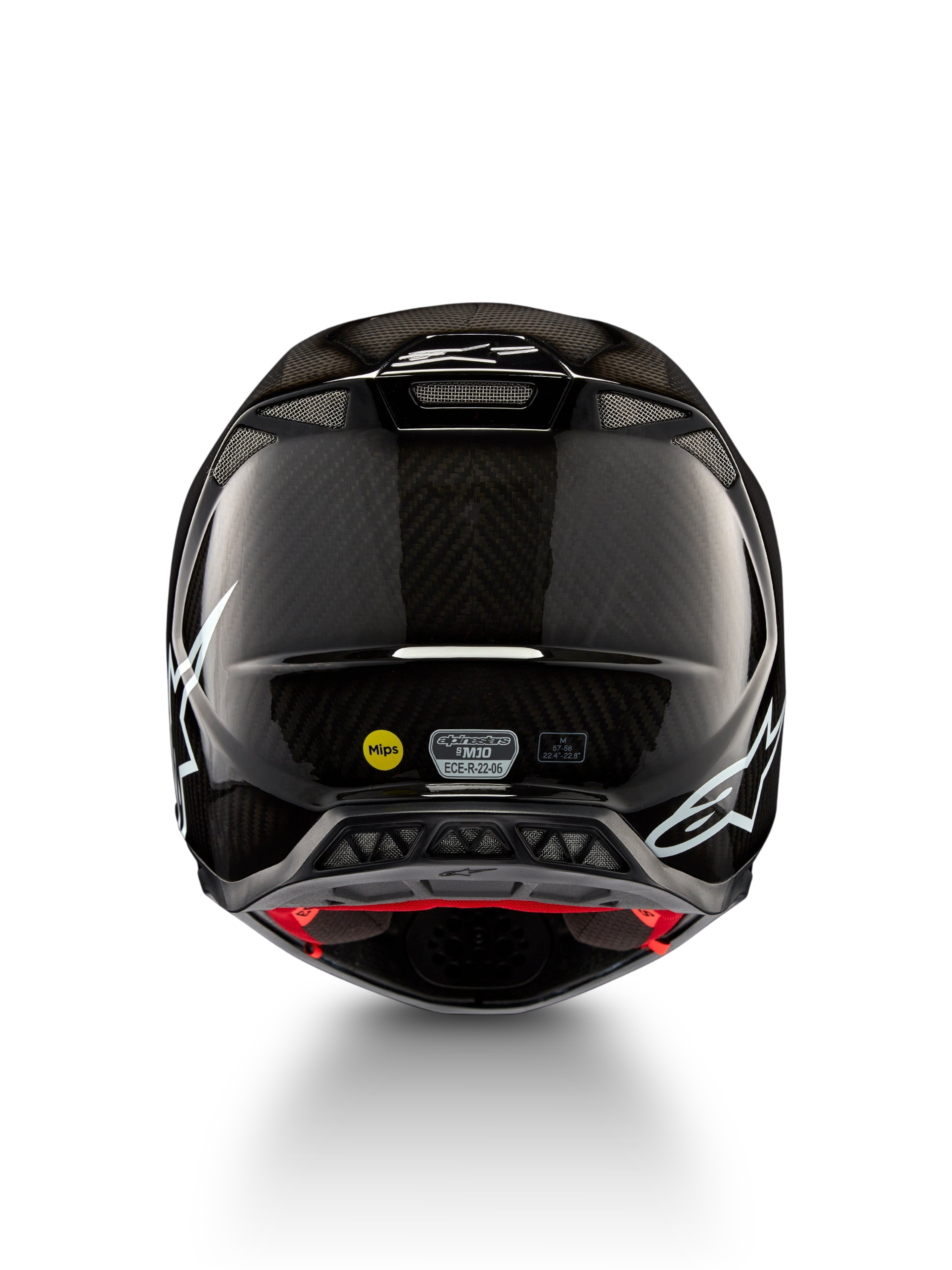 Alpinestars Supertech M10 Solid ECE 22.06, czarny błyszczący karbonowy kask motocrossowy, widok z tyłu, białe grafiki, otwory wentylacyjne, system MIPS, certyfikat ECE-R 22.06