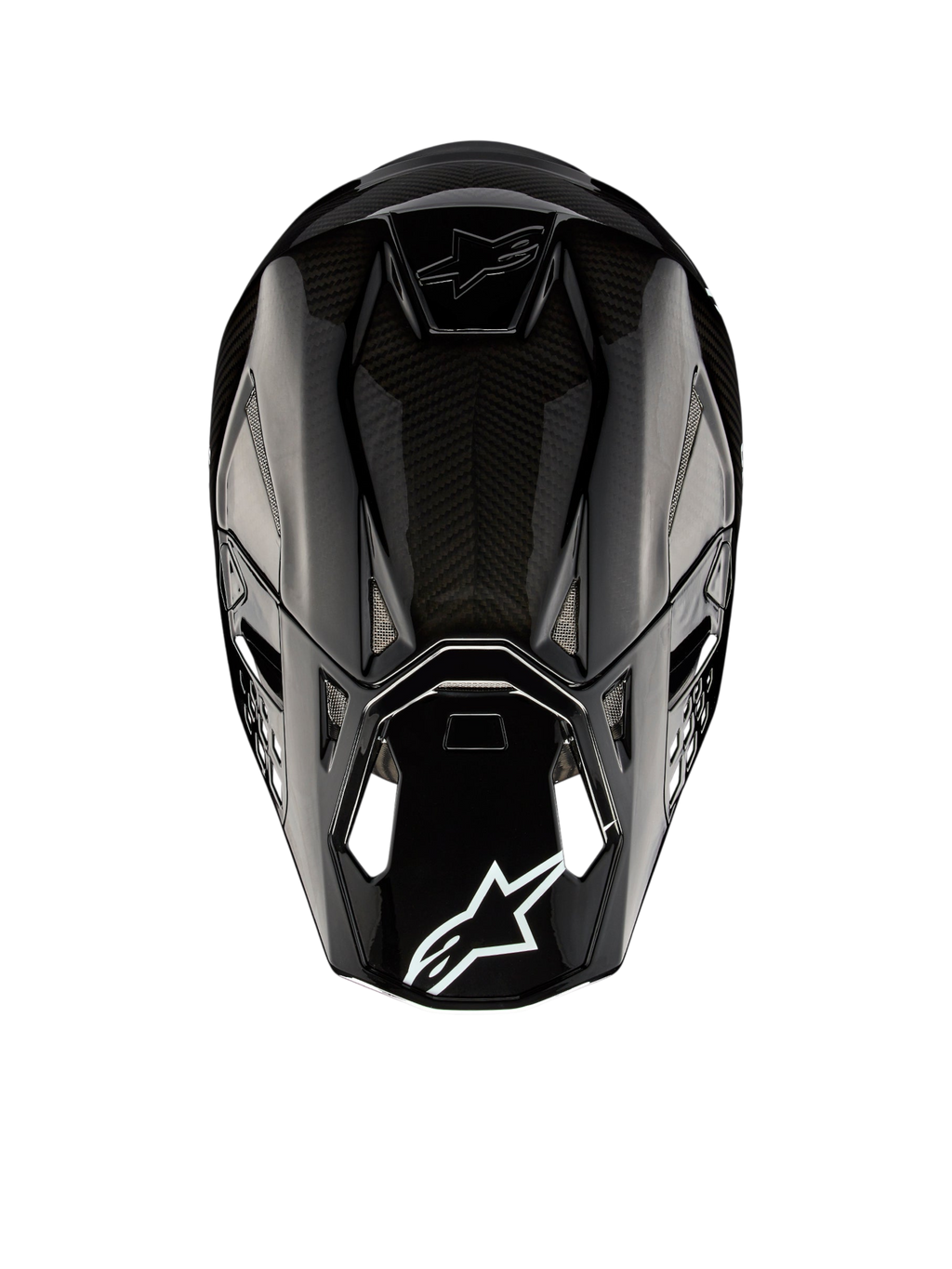 Alpinestars Supertech M10 Solid ECE 22.06, czarny błyszczący kask motocrossowy z karbonową skorupą, widok z tyłu z otworami wentylacyjnymi i logo Alpinestars, certyfikowany ECE