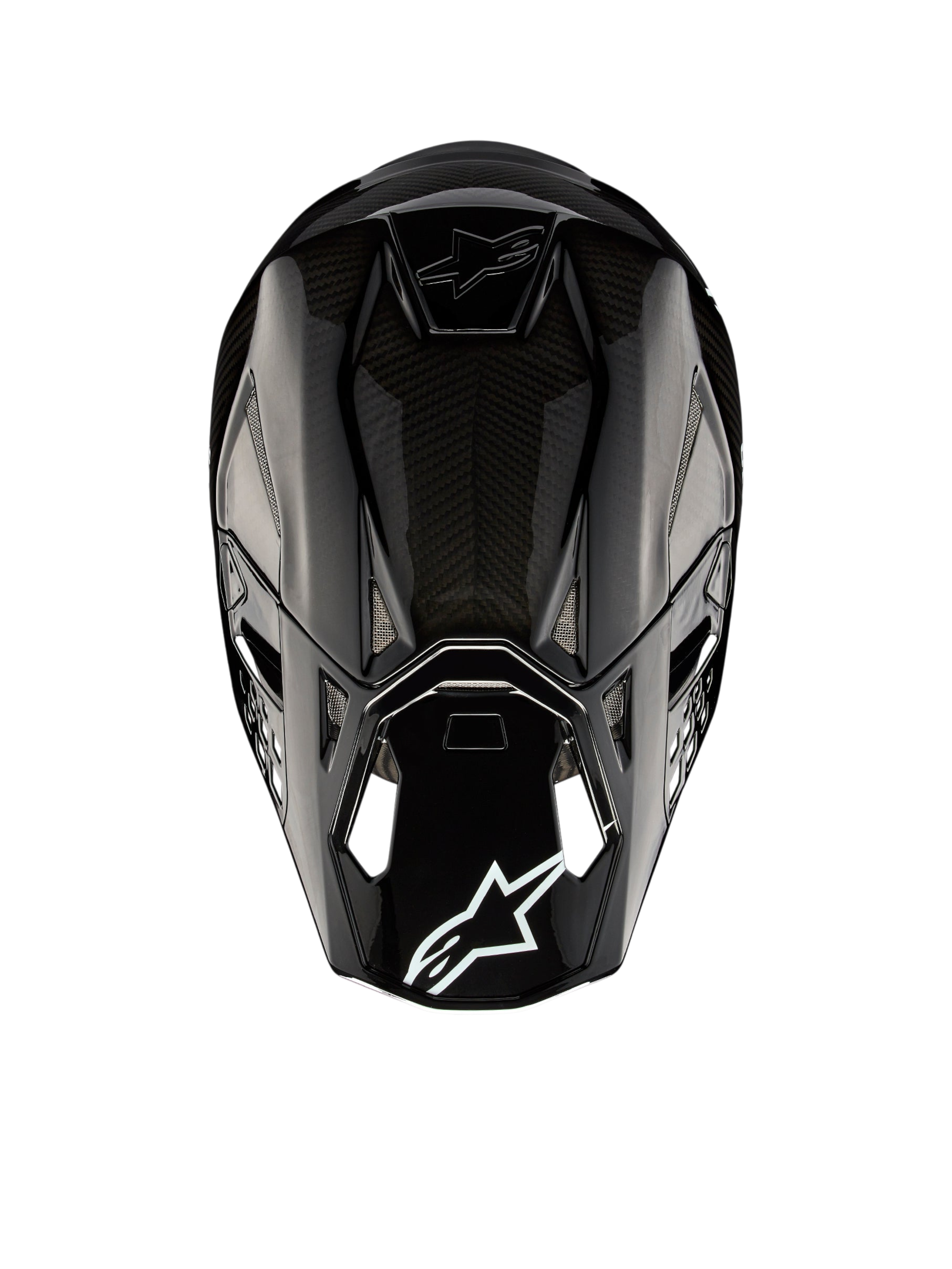 Alpinestars Supertech M10 Solid ECE 22.06, czarny błyszczący kask motocrossowy z karbonową skorupą, widok z tyłu z otworami wentylacyjnymi i logo Alpinestars, certyfikowany ECE
