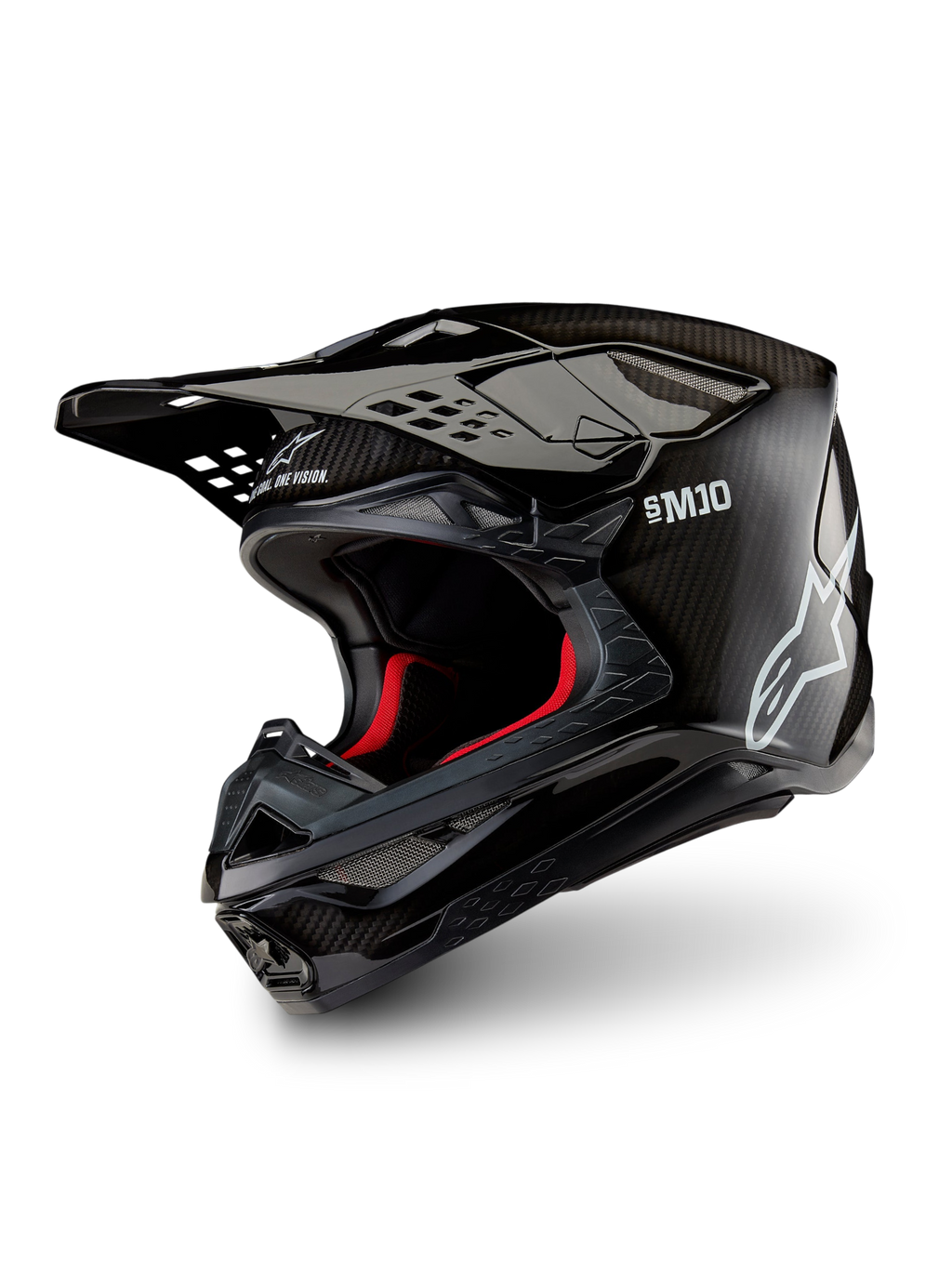 Alpinestars Supertech M10 Solid ECE 22.06, czarny błyszczący kask motocrossowy z karbonową skorupą, daszkiem i czerwonym wnętrzem, widok z trzech czwartych