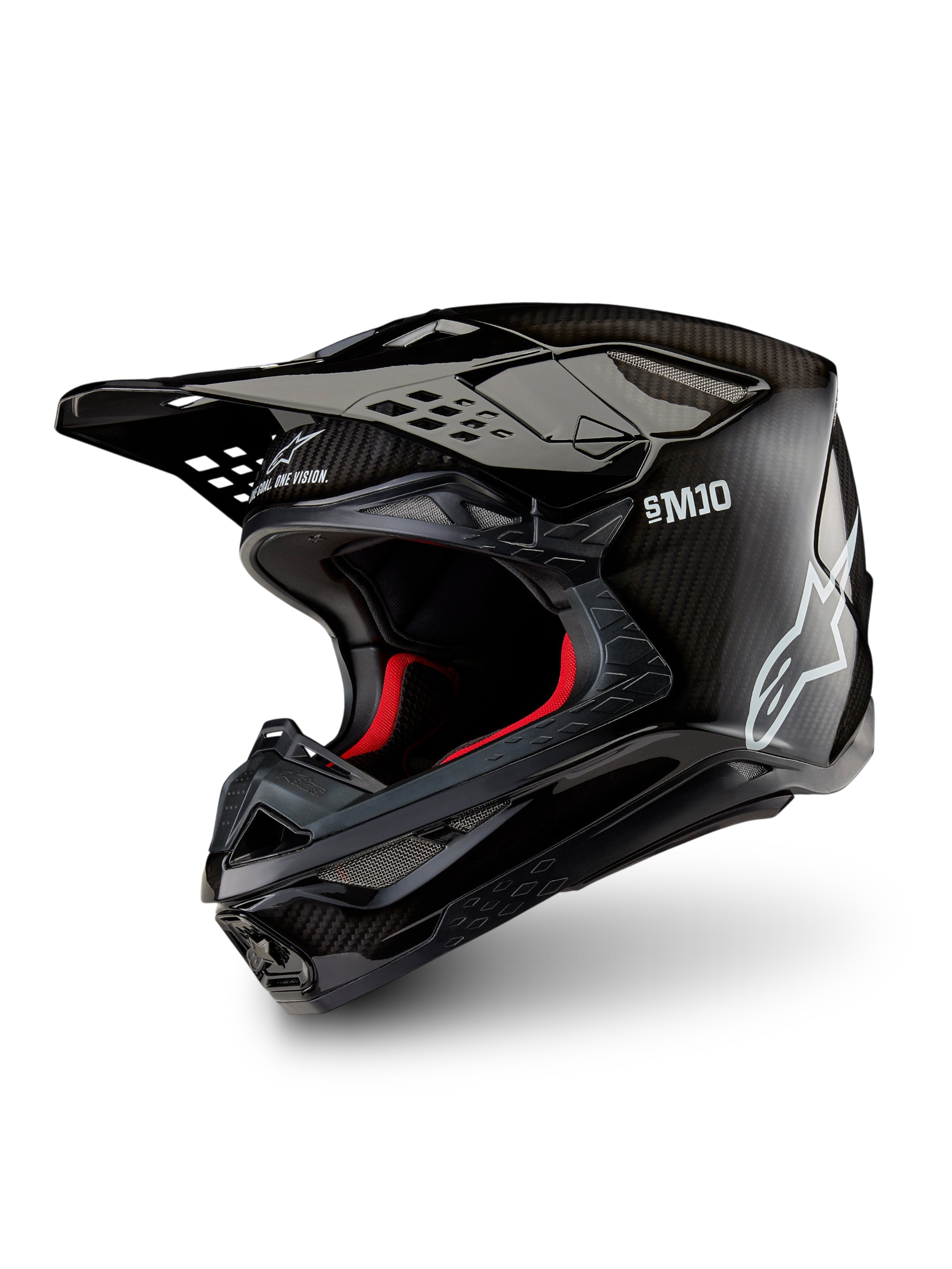 Alpinestars Supertech M10 Solid ECE 22.06, czarny błyszczący kask motocrossowy z karbonową skorupą, daszkiem i czerwonym wnętrzem, widok z trzech czwartych