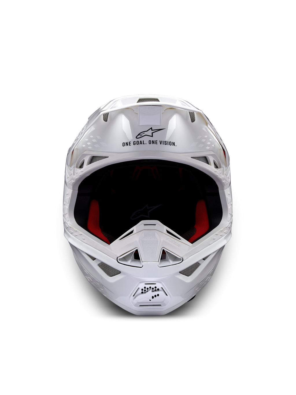 Kask Alpinestars Supertech M10 Solid ECE 22.06, biały błyszczący kask motocrossowy, widok z przodu, czerwone i czarne poduszki wewnętrzne
