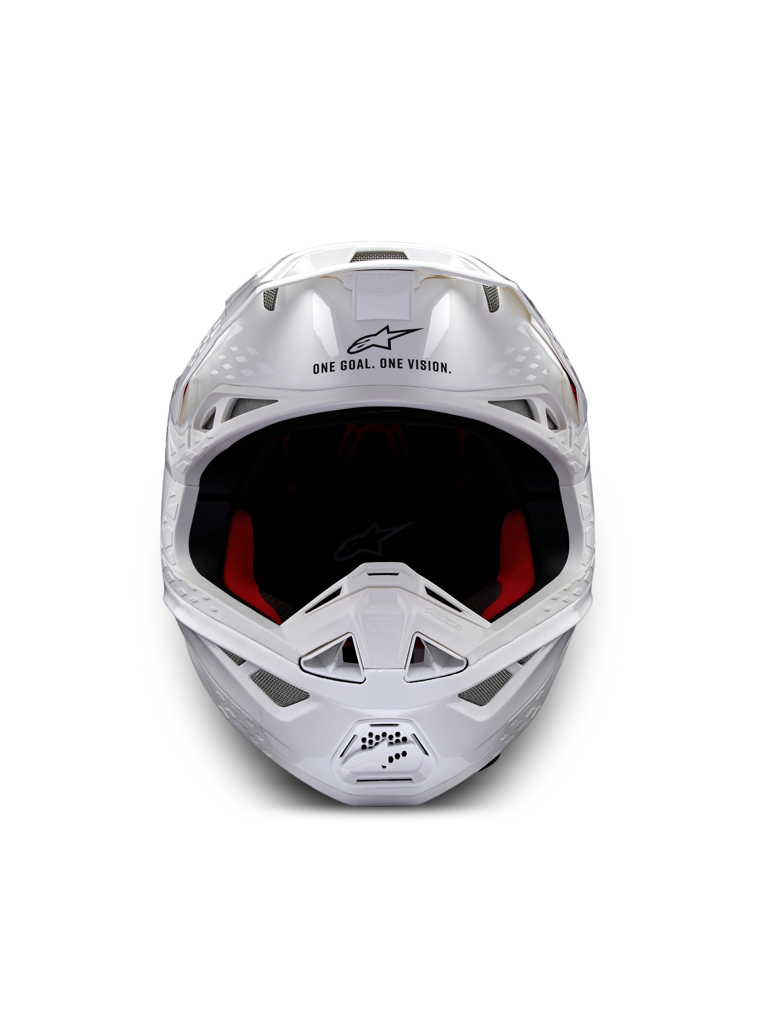 Kask Alpinestars Supertech M10 Solid ECE 22.06, biały błyszczący kask motocrossowy, widok z przodu, czerwone i czarne poduszki wewnętrzne