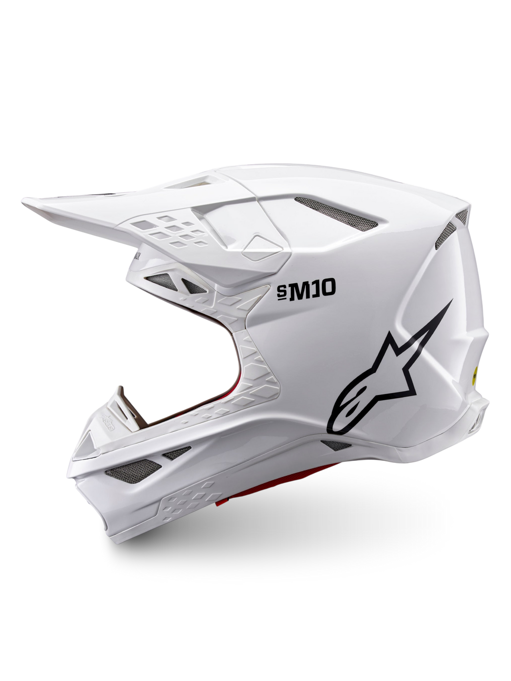 Alpinestars Supertech M10 Solid ECE 22.06, biały błyszczący kask motocrossowy, czarne logo Alpinestars, widok z boku i liczne otwory wentylacyjne
