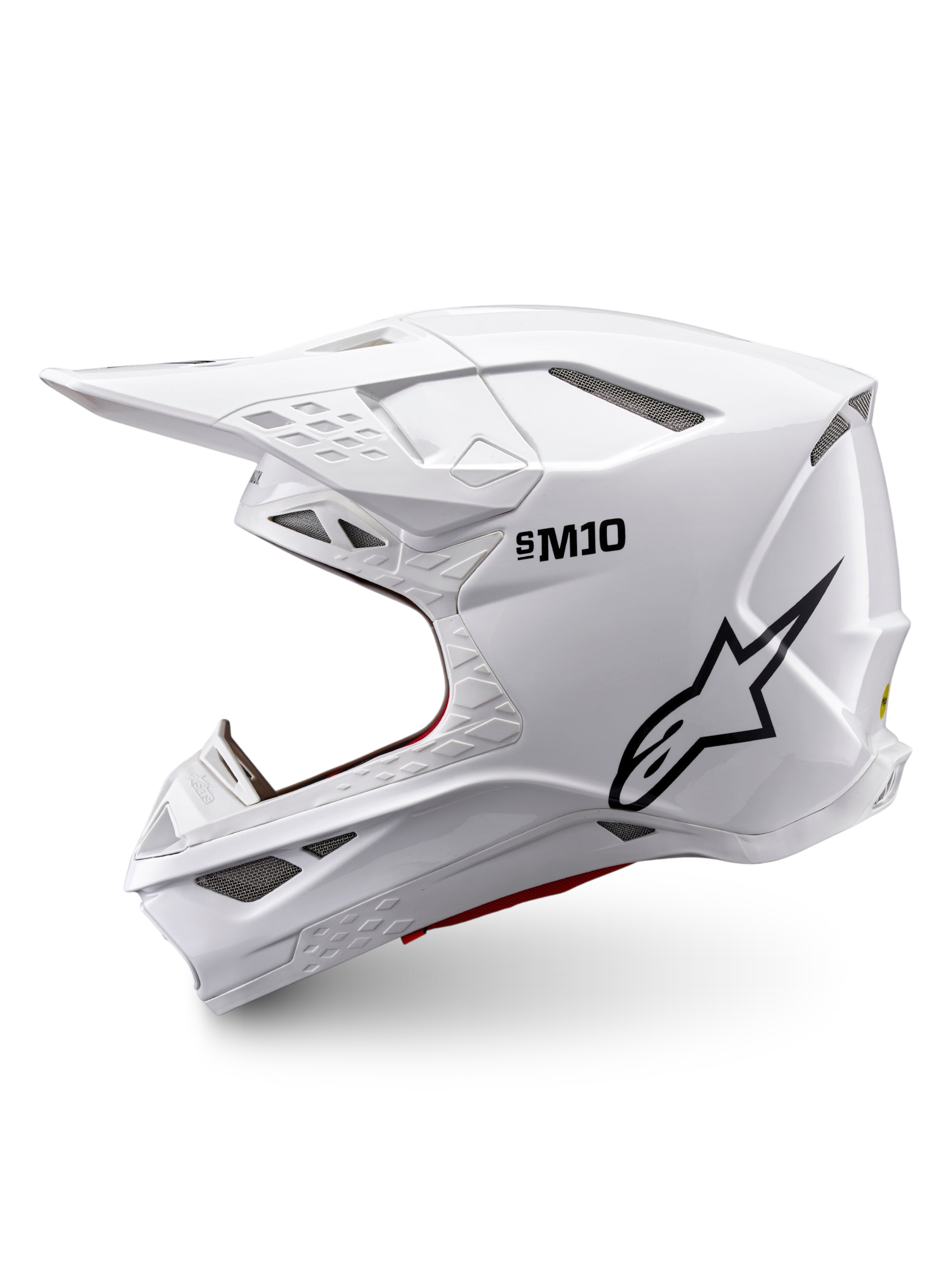 Alpinestars Supertech M10 Solid ECE 22.06, biały błyszczący kask motocrossowy, czarne logo Alpinestars, widok z boku i liczne otwory wentylacyjne